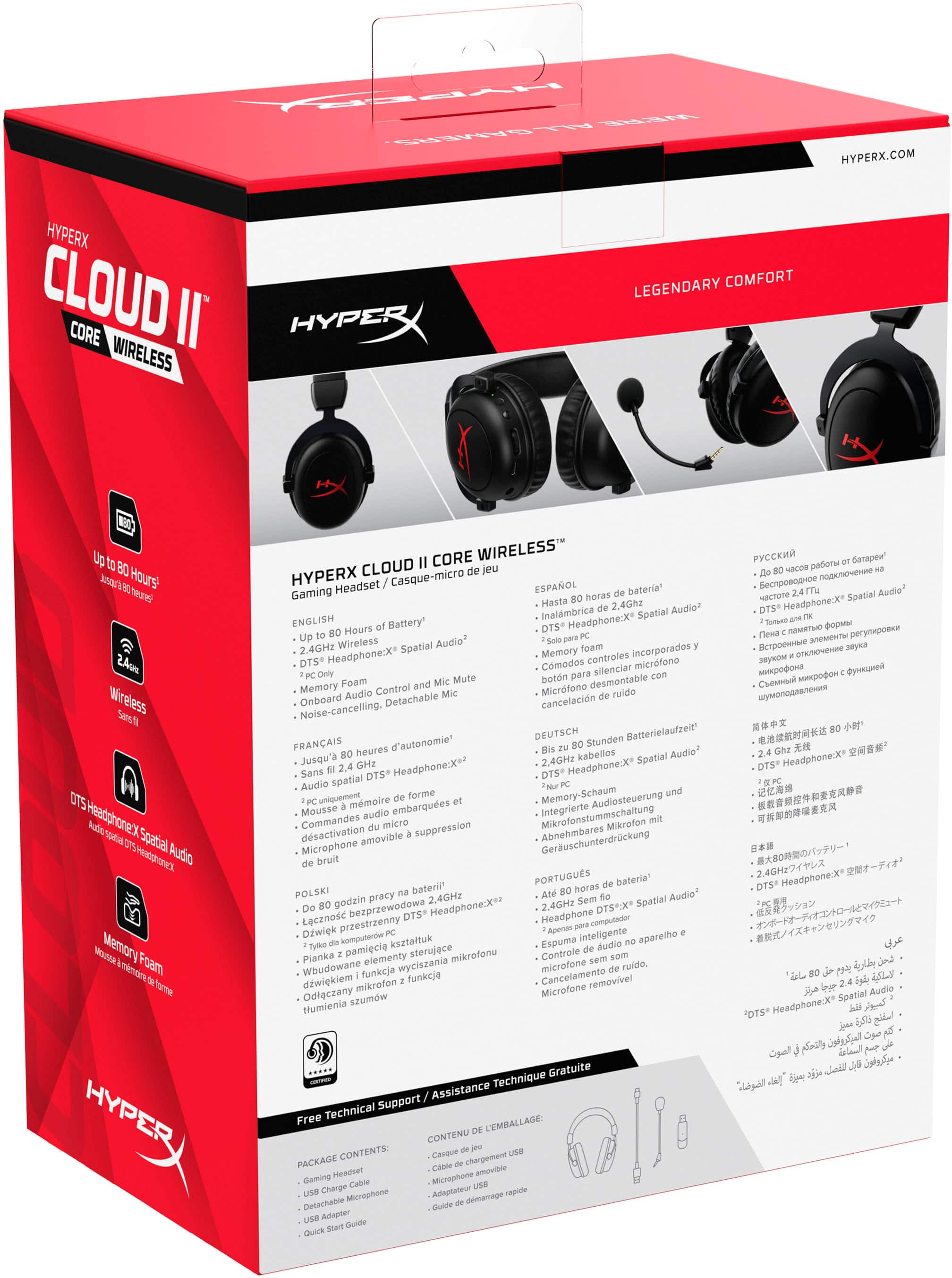 The text on the image reads: "HyperX Cloud Core II Wireless Headset: Legendary Comfort. Spatial Audio. Up to 2.4GHz Wireless. Battery: Up to 10 Hours. DTS Headphone:X 7.1 Surround Sound. Noise-cancelling. Detachable Microphone. Incorporated Memory Foam. In-line Remote. In-line Microphone. In-line Volume Control. In-line Play/Pause Control. In-line Skip Track Control. In-line Microphone Mute Control. In-line Microphone Unmute Control. In-line Microphone Off/On Control. In-line Microphone Volume Control. In-line Microphone Playback Control. In-line Microphone Call Control. In-line Microphone Volume Up/Down Control. In-line Microphone Volume Mute Control. In-line Microphone Volume Mute Off/On Control. In-line Microphone Volume Mute Up/Down Control. In-line Microphone Volume Mute Up/Down Control. In-line Microphone Volume Mute Up/Down Control. In-line Microphone Volume Mute Up/Down Control. In-line Microphone Volume Mute Up/Down Control. In-line Microphone Volume Mute Up/Down Control. In-line Microphone Volume Mute Up/Down Control. In-line Microphone Volume Mute Up/Down Control. In-line Microphone Volume Mute Up/Down Control. In-line Microphone Volume Mute Up/Down Control. In-line Microphone Volume Mute Up/Down Control. In-line Microphone Volume Mute Up/Down Control. In-line Microphone Volume Mute Up/Down Control. In-line Microphone Volume Mute Up/Down Control. In-line Microphone Volume Mute Up/Down Control. In-line Microphone Volume Mute Up/Down Control. In-line Microphone Volume Mute Up/Down Control. In-line Microphone Volume Mute Up/Down Control. In-line Microphone Volume Mute Up/Down Control. In-line Microphone Volume Mute Up/Down Control. In-line Microphone Volume Mute Up/Down Control. In-line Microphone Volume Mute Up/Down Control. In-line Microphone Volume Mute Up/Down Control.