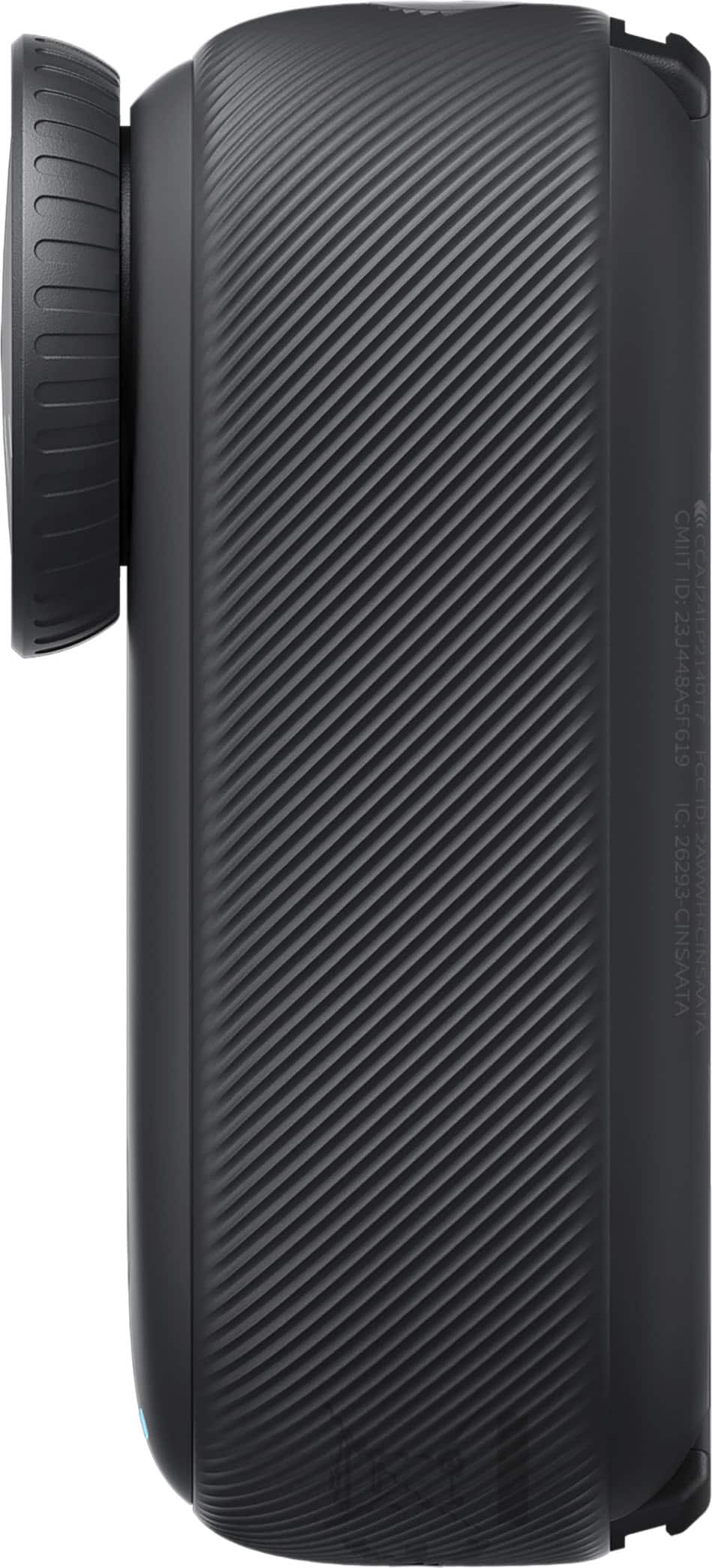 The image shows a black object, possibly a camera or a phone, sitting on a black background. The object has a unique design with a curved shape and a texture that resembles a grip. The close-up view of the object highlights its intricate details and emphasizes its modern and sleek appearance.