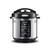 The image features a stainless steel pressure cooker with a digital display. The display shows the current temperature and time settings, which can be adjusted by the user. The pressure cooker is designed for various cooking methods, such as rice soup, slow cooking, and roasting. It is a versatile appliance that can be used for a wide range of dishes, making it a valuable addition to any kitchen.