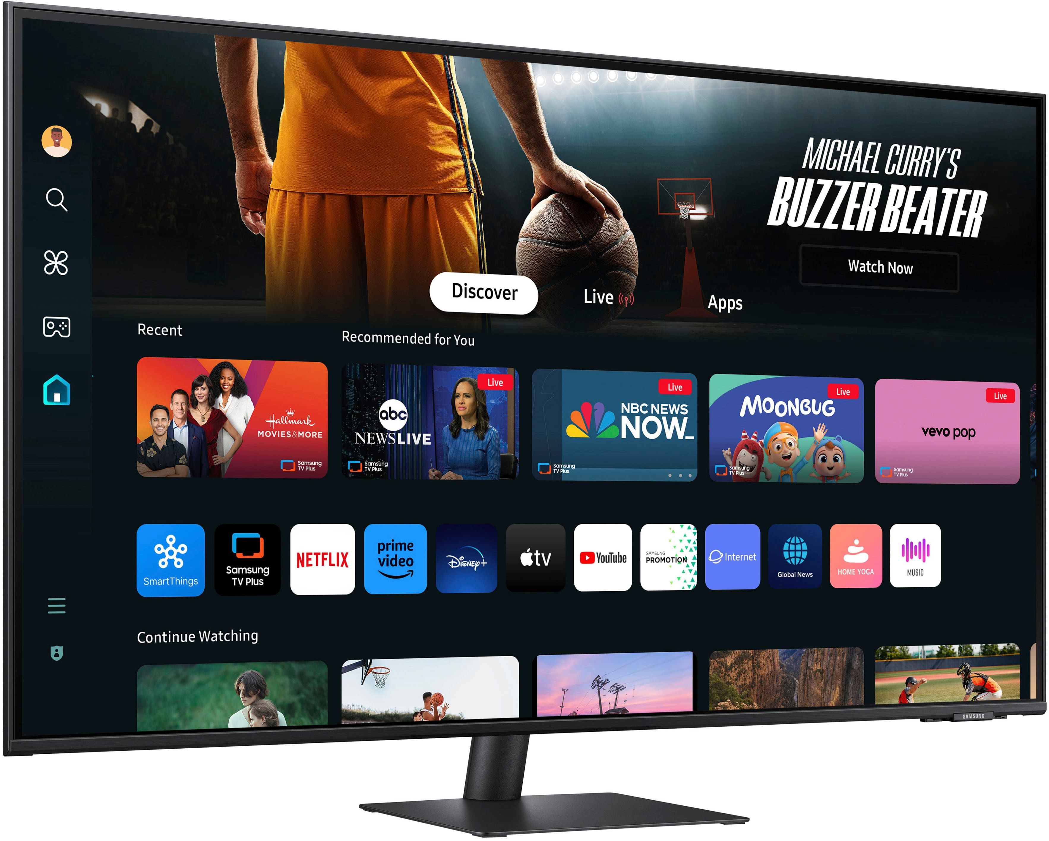 Recent Discover Recommended for You Live (g) Michael Curry's Buzzer Beater Watch Now Apps Hallmark, ABC, NBC News, MoonPie, Now, Vevo Pop, Samsung SmartThings TV Plus, Prime Video, Disney+, YouTube, Promotion, Global News, How to Watch, Music 1 Continue Watching