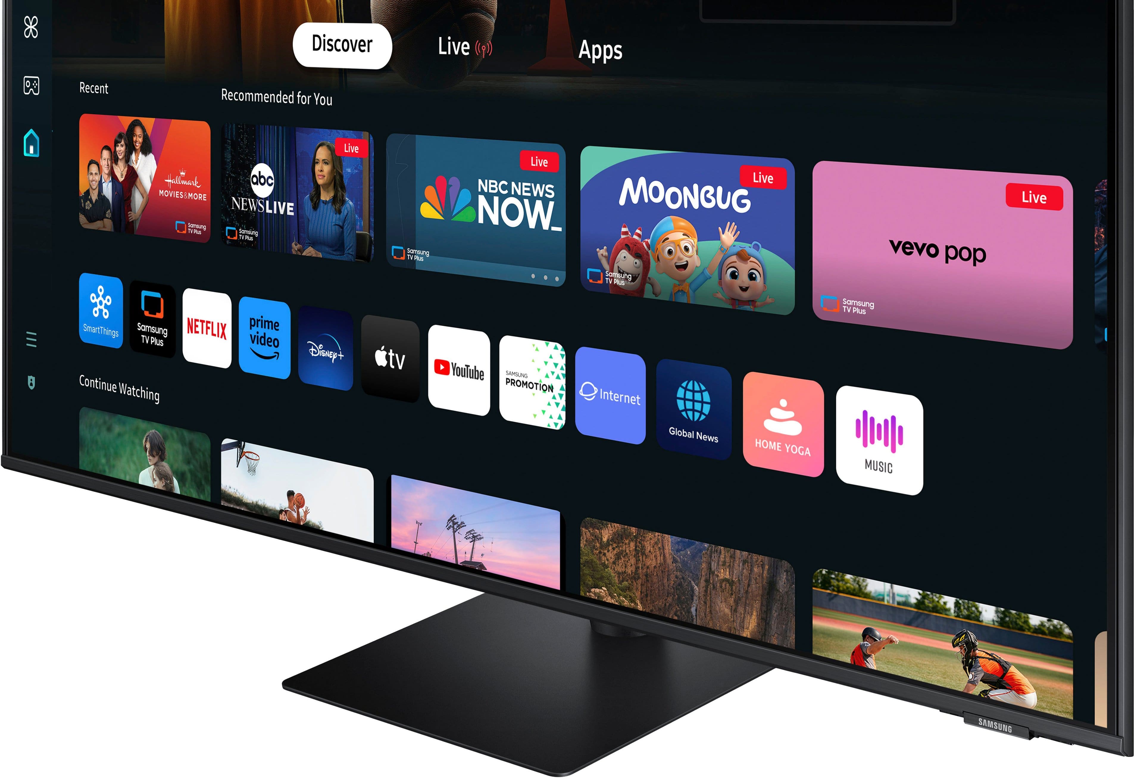 Recent Discover Recommended for You Live (9) Apps Live Jeambles abc MOVIESSMORE NEWSLIVE u i - lensing SmartTrings Samsung NETFLIX prime TV us video Discover+ Continue Watching Live Live NBC NEWS MOONBUG NOW_ Someing T% tv YouTube SAPSLNG PROMOTION Internet vevo pop Samsung TV PUE Live Global News HOME YOGA MUSIC SAMSUNG