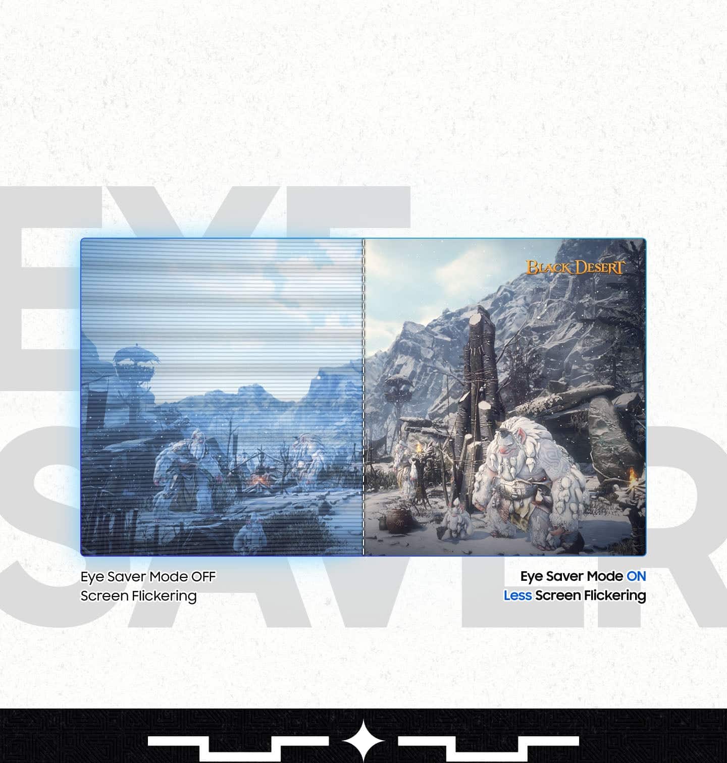 The text on the image reads: "BLACK DESERT SPRR Screen Eye Saver Flickering Mode OFF Less Eye Strain."