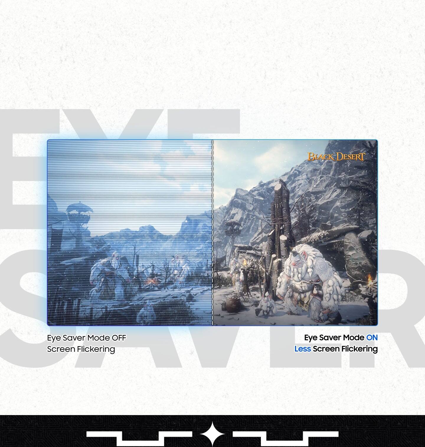 The text on the image reads: "BLACK DESERT SPRR Screen Eye Saver Flickering Mode OFF Less Eye Strain."