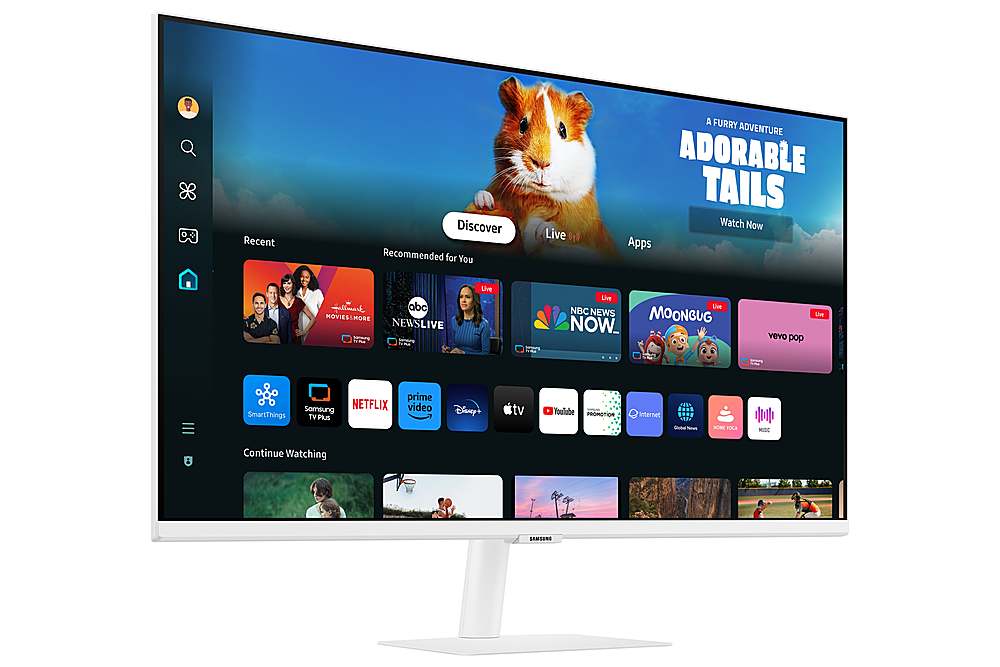 Recent Discover Recommended for You Live:
010 - A Furry Adventure - Adorable Tails - Watch Now
Apps:
Fallmark
ABC
Movies
More News
Live
Hemsing & Harker
Sins - Live - Live
Live NBC News
Moonbug
Now - Vevo - Pop
Uhe - Samsung - SmartThings - TV Plus - Prime Video - Disney TV - YouTube - Promotion - Internet - Snal - HUMA - TOL - da - Continue Watching - Samsung