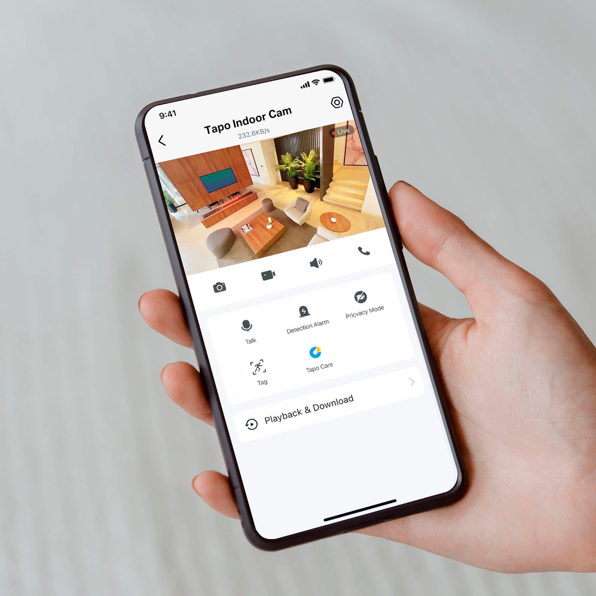 The text on the image reads: "9:41 Cam Indoor Tapo Indoor Cam 232.6KB/s Live PTZ F Talk AI Detection Mode Privacy Tapo Care Tog & Download Playback".