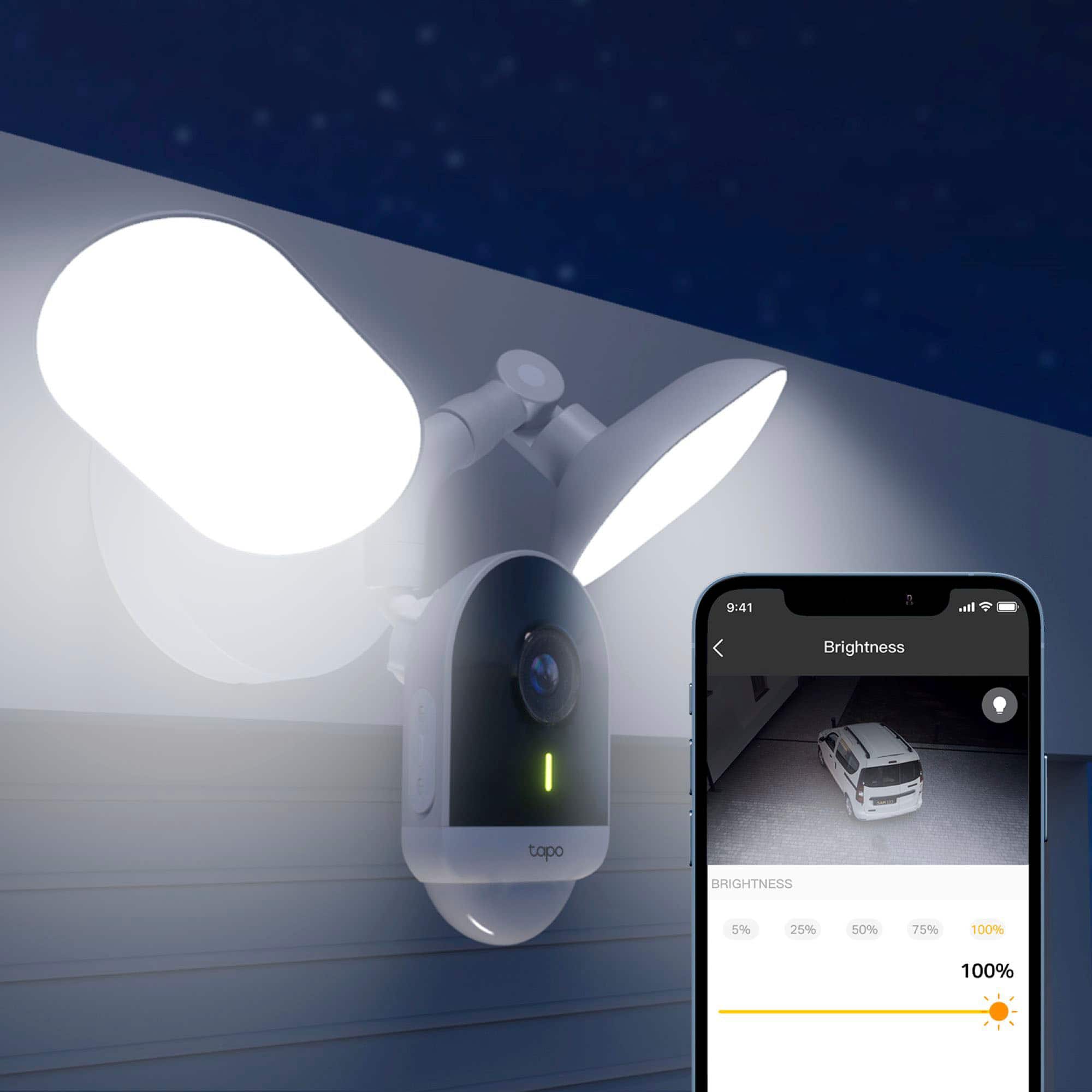 The image shows a nighttime scene with a bright light shining on a car. A cell phone is being used to adjust the brightness of the light, with the brightness set at 100%. The phone screen displays the brightness settings, which include 5%, 25%, 50%, 75%, and 100%.