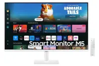 A furry adventure called Adorable Tails is being advertised on the screen of a Samsung smart monitor. The monitor is displaying a variety of apps, including ABC, NBC News, and YouTube, as well as other content such as movies and news. The monitor is also promoting a Netflix video and a Disney+ show. The image showcases the versatility and convenience of the smart monitor, which allows users to access a wide range of content and services in one place.
