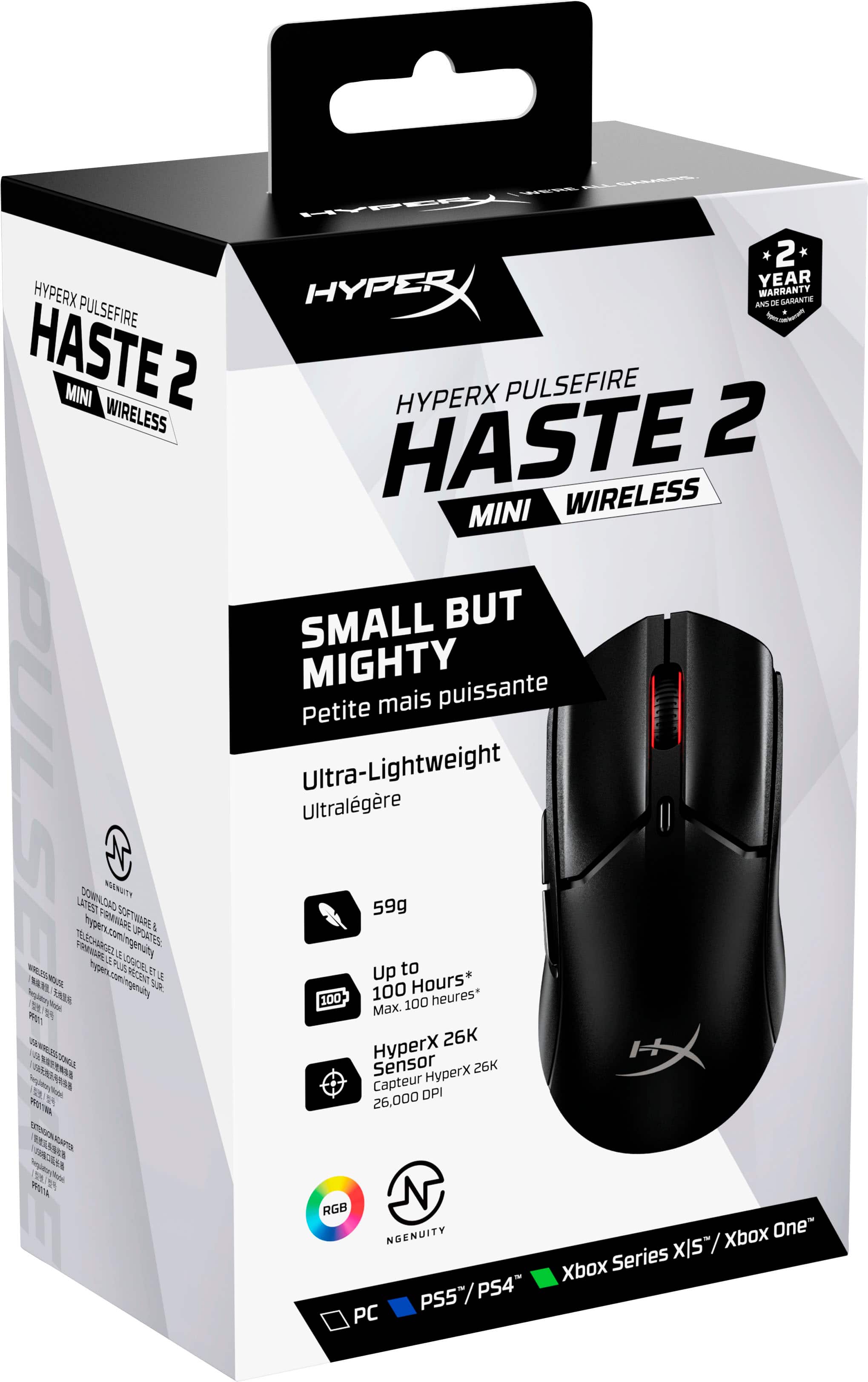 HyperX Pulsefire Haste 2 Mini Wireless Small But Mighty puissante Petite mais Ultra-Lightweight Ultralgre 59g Up to 100 Hours* 100 100 heures* Max. 26K perX Sensor HyperX 26K Capteur DPI 26,000 RGB NGENUITY Xbox One XIS / Xbox Series PS5 PS4 PC