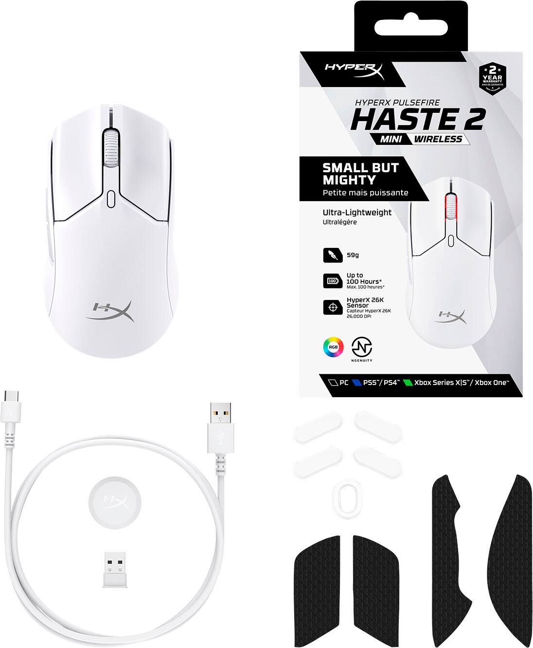 The text on the image is grouped and corrected as follows:

"HyperX PulseFire Haste 2 Mini Wireless Small But Mighty Petite mais puissante Ultra-Lightweight Ultralight 59g 100 Up to 100 Hours* Max 100 heures* HyperX 26K Sensor Casteur Mperx Z6K 6,000 DPI -E ROCOI. PC PSS/PS4 Xbox Series x/Is" Xbox One"."