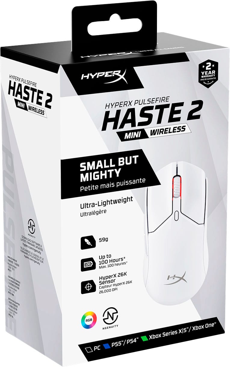 The text on the image is already grouped and correctly spelled. It reads: "HYPERX PULSEFIRE HASTE 2 MINI WIRELESS SMALL BUT MIGHTY puissante Petite mais Ultra-Lightweight Ultralgre 59g Up to 100 Hours* 100 100 heures* Max. 26K HyperX Sensor HyperX 26K Capteur 26.000 DPI RGB NGENUITY Xbox One XIS / Xbox Series PS5PS4 PS5 PS4~ PC".