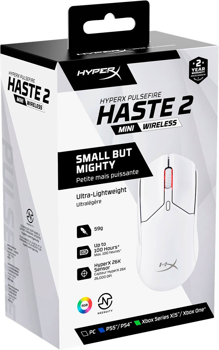 The text on the image is already grouped and correctly spelled. It reads: "HYPERX PULSEFIRE HASTE 2 MINI WIRELESS SMALL BUT MIGHTY puissante Petite mais Ultra-Lightweight Ultralgre 59g Up to 100 Hours* 100 100 heures* Max. 26K HyperX Sensor HyperX 26K Capteur 26.000 DPI RGB NGENUITY Xbox One XIS / Xbox Series PS5PS4 PS5 PS4~ PC".