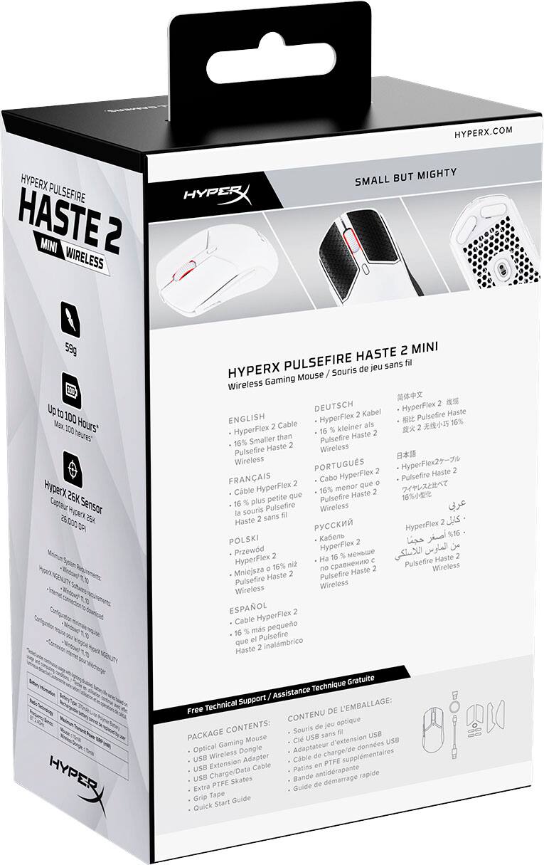 The text on the image can be grouped and corrected as follows:

1. HYPERX.COM
2. HYPERX PULSEFIRE HASTE MINI 2 WIRELESS
3. HYPERX PULSEFIRE HASTE 2 MINI
4. HYPERX PULSEFIRE HASTE 2 WIRELESS
5. Gaming Mouse Wireless
6. DEUTSCH
7. ENGLISH
8. PORTUGUS
9. FRANAIS
10. POLSKI
11. ESPAOL
12. Free Technical Support
13. L'EMBALLAGE: Free DE CONTENU optique CONTENTS: Souris de jeu PACKAGE sans fl USB