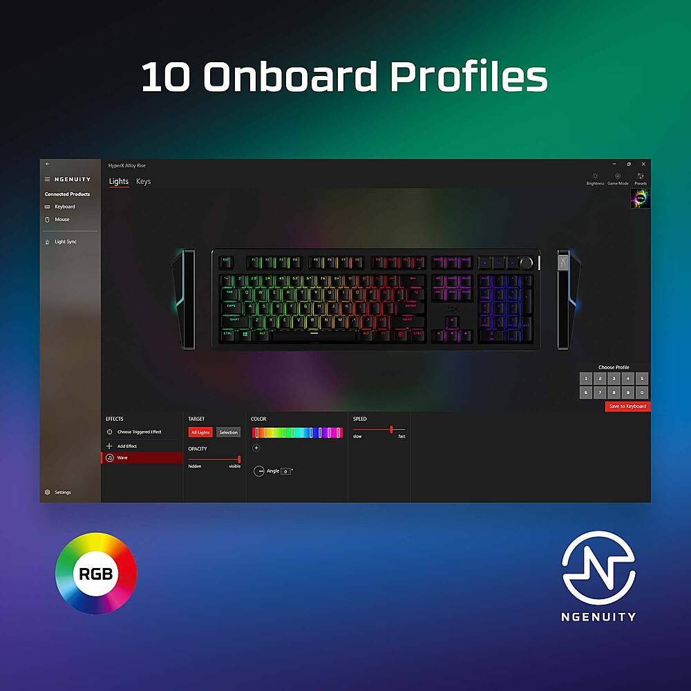 10 Onboard Profiles NGENUITY Ee LU Myjelt Mfloy Roe Lights Keys K  go - - - Keytmand  Mouse LightSymec ! - - . -. - - - - a - - - .. - - - - - - - 4 W - - . . V . - . . E . -  a a a a 1 V 1 - . . - - " : a - Choose Profiles d - . . . . , . . . -al . Amends ERBECTS TAGAT COLOR SRID EoGuA Ingpeed u M  Sedon - J AD B ERAEITY WE Setdes - Angh Seltorge RGB NGENUITY