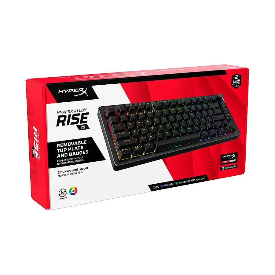 The text on the image reads: "RISE PRCAN HYPERX ALLOY RISE 75 REMOVABLE TOP PLATE AND BADGES suprieure et Plaque dmontables badges Keyboard Layout 75% 7% de clavier Modle NC M 1 ... T4 1 AS 2 2 E W a ... . S d LAPE - a SGFT M 22 E7ML ... 1X  L PC 2 YEAR  I . - - - - ... a - - - - Y ... T S  +  - - 1 & - 1 . A - -% . - - a I - - V -. HYD - - EAGMM i a NY Dne xttSeviesxn XI: PSS: PSr Eci."
