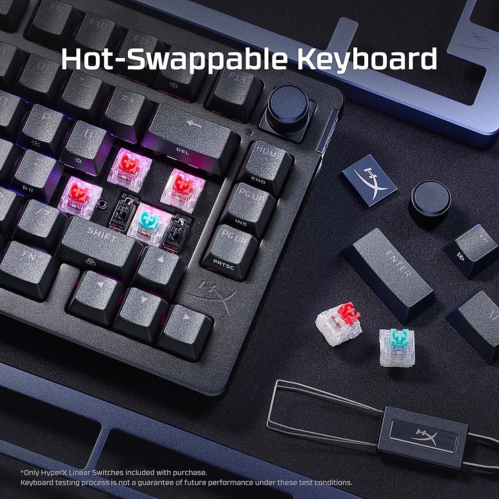 Hot-Swappable Keyboard E 2 P T1 EN F10 F9 7/ ) 1 I ENTER & "Only HyperX Linear Switches included with purchase. Keyboard testing process is not a guarantee of future performance under these test conditions."