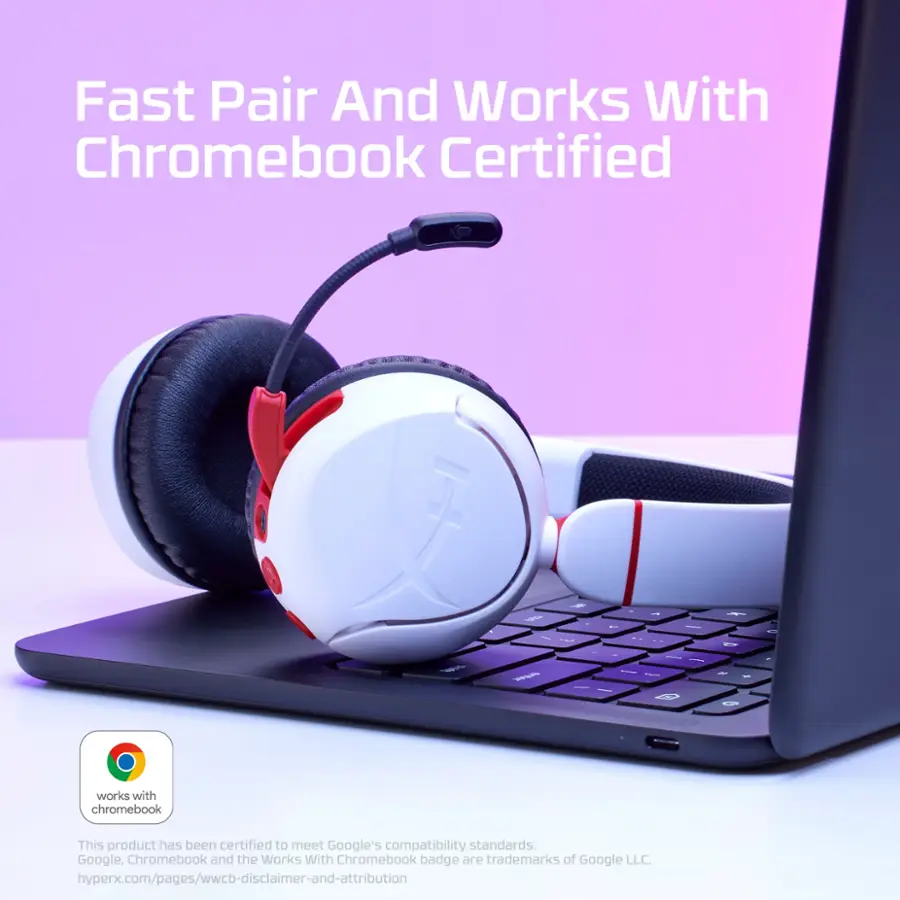 Fast Pair And Works With Chromebook Certified: This product has been certified to meet Google's compatibility standards. Google, Chromebook, and the Works With Chromebook badge are trademarks of Google LLC. hyperx.com/pages/wwcb-disclaimer-and-attribution.