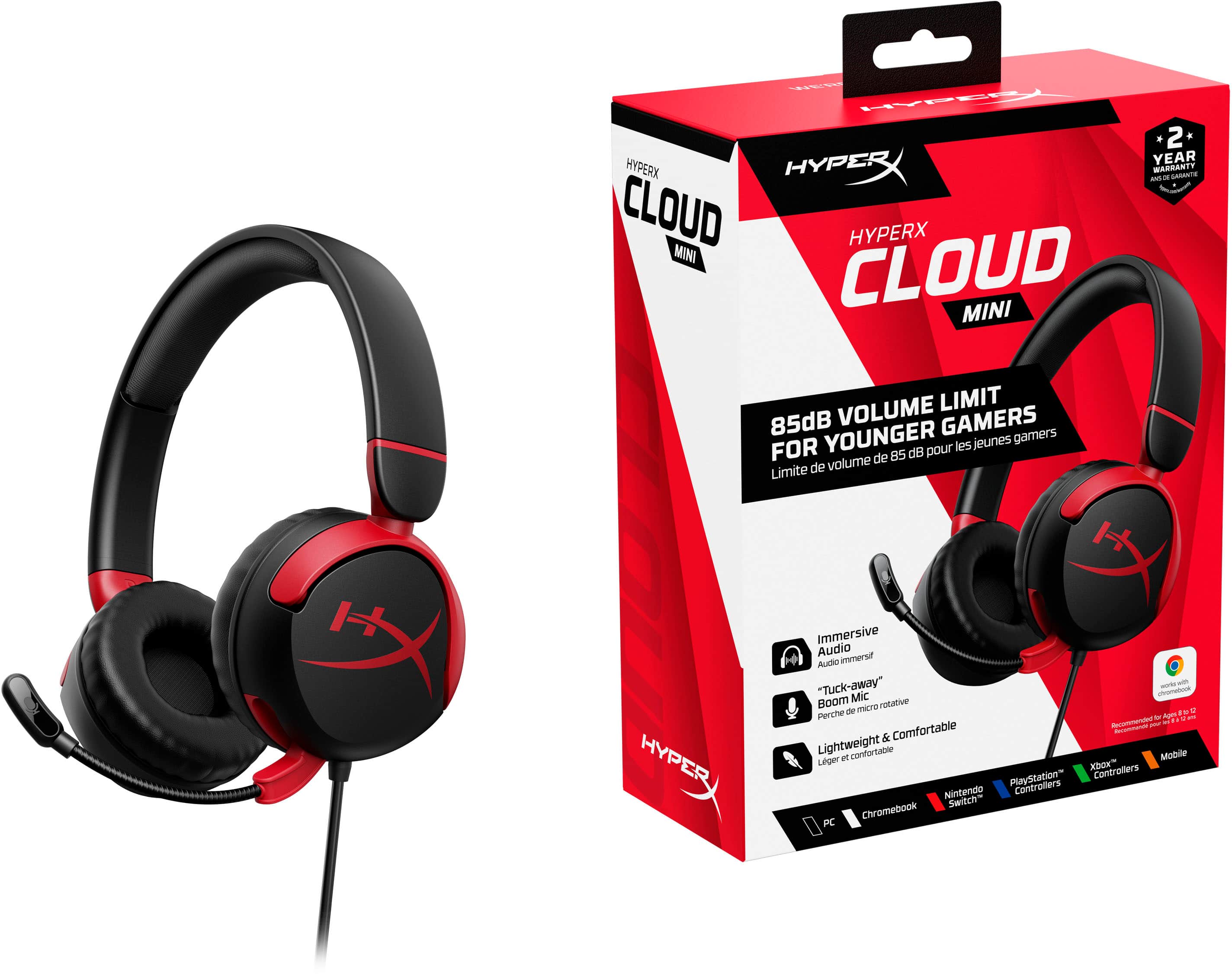 * YEAR HYPERX WARRANTY GUARANTEE 2 - CLOUD HYPERX MINI CLOUD MINI VOLUME LIMITERS 85dB FOR YOUNGER GAMERS - Immersive Audio - "Tuck-away" Mic - Rotating Boom Mic - Comfortable & Lightweight - Mobile Leger and XBOK Controllers - PlayStation Controllers - Nintendo Switch - Chromebook PC