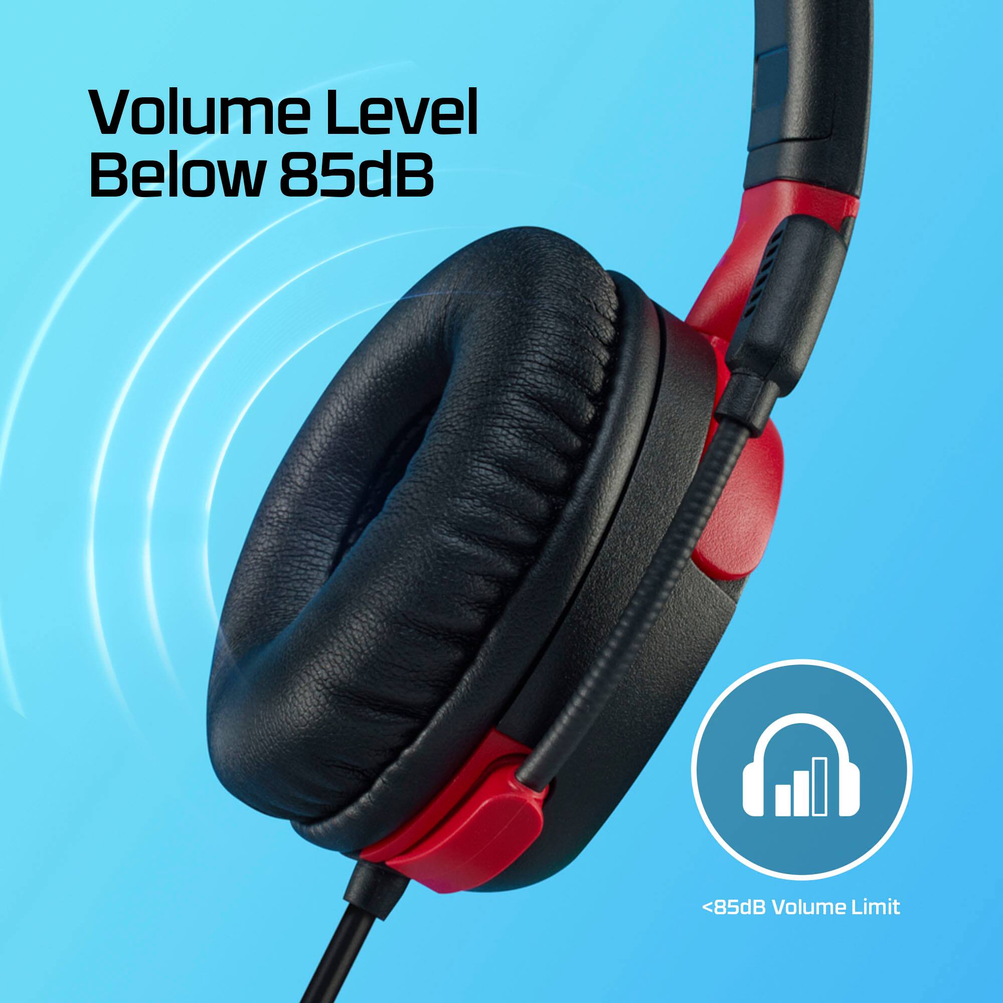 Zoom in on The image features a pair of black and red headphones with a volume level below 85dB. The headphones are designed to limit the volume to 85dB, ensuring a safe listening experience.