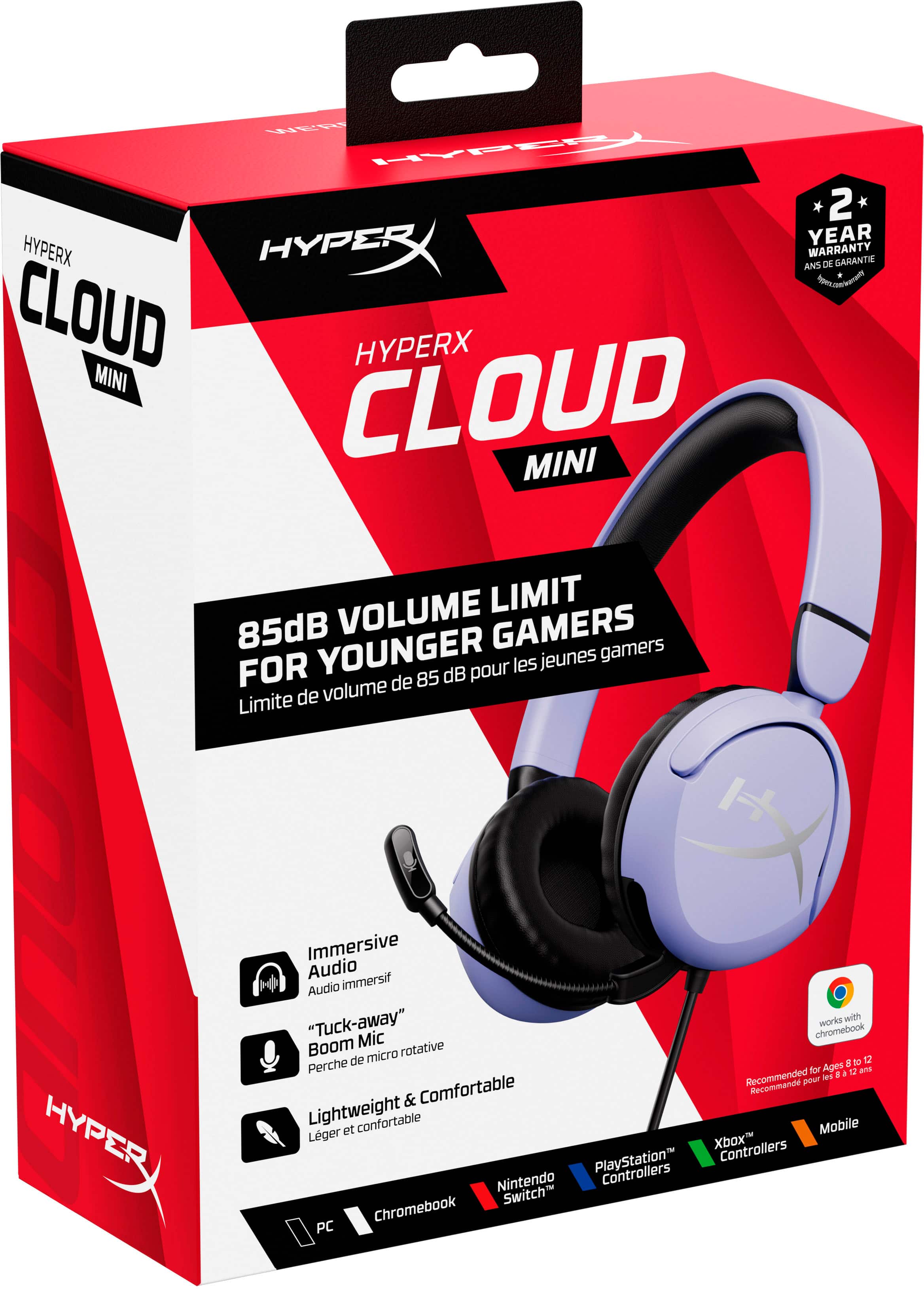 HyperX Cloud Mini: Immersive Audio for Younger Gamers. 85dB Volume Limit. Works with "Tuck-away" Mic. Chromebook, PC, Xbox, PlayStation, and Nintendo Switch Controllers. Recommended for your Comfortable and Lightweight Mobile Gaming Experience.