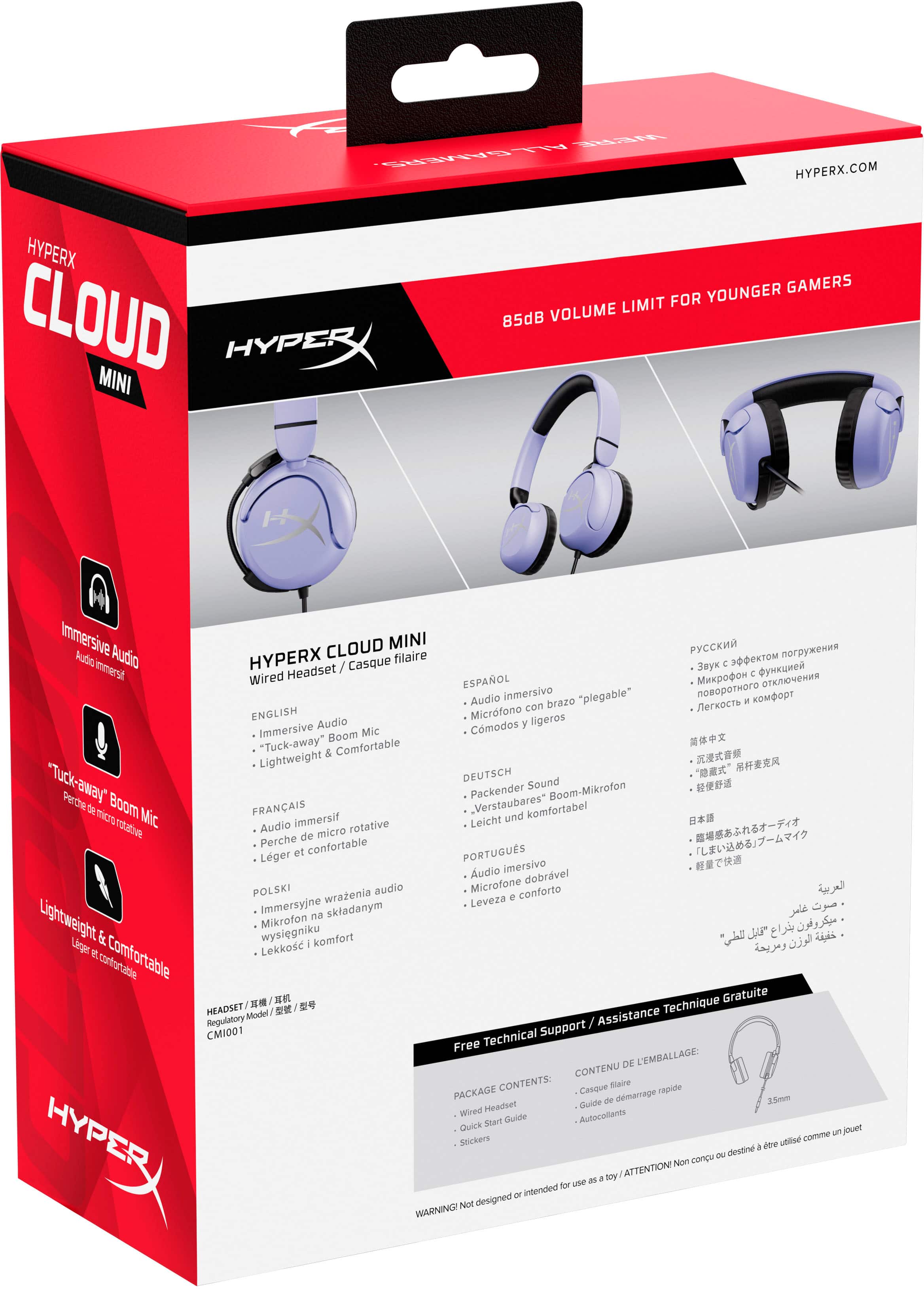 The text on the image is in multiple languages, including English, Spanish, French, German, Polish, and Italian. The text is grouped as follows:
1. The HyperX Cloud headset is designed for younger gamers, with a limit of 85dB volume for immersive audio.
2. The headset features a detachable boom mic for clear communication during gameplay.
3. The headset is lightweight and comfortable, with a rotating earcup for a customizable fit.
4. The headset comes with a quick start guide and a wired headset.
5. The headset is compatible with various gaming platforms and comes with a 3-year warranty.
6. The headset is available in multiple languages, including English, Spanish, French, German, Polish, and Italian.