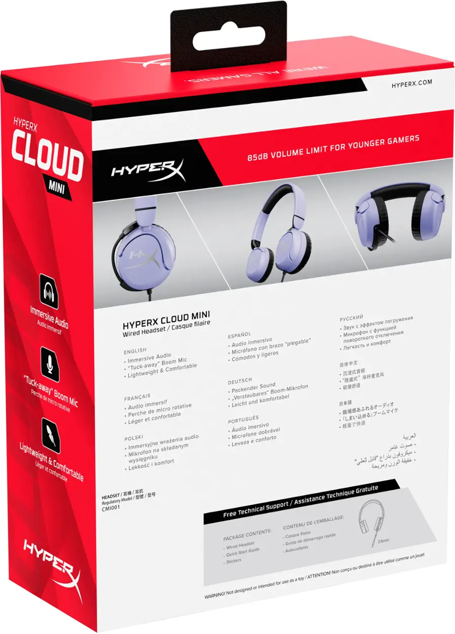 The text on the image is in multiple languages, including English, Spanish, French, German, Polish, and Italian. The text is grouped as follows:

1. The HyperX Cloud headset is designed for younger gamers, with a limit of 85dB volume for immersive audio.
2. The headset features a detachable boom mic for clear communication during gameplay.
3. The headset is lightweight and comfortable, with a rotating earcup for a customizable fit.
4. The headset comes with a quick start guide and a wired headset.
5. The headset is compatible with various gaming platforms and comes with a 3-year warranty.
6. The headset is available in multiple languages, including English, Spanish, French, German, Polish, and Italian.