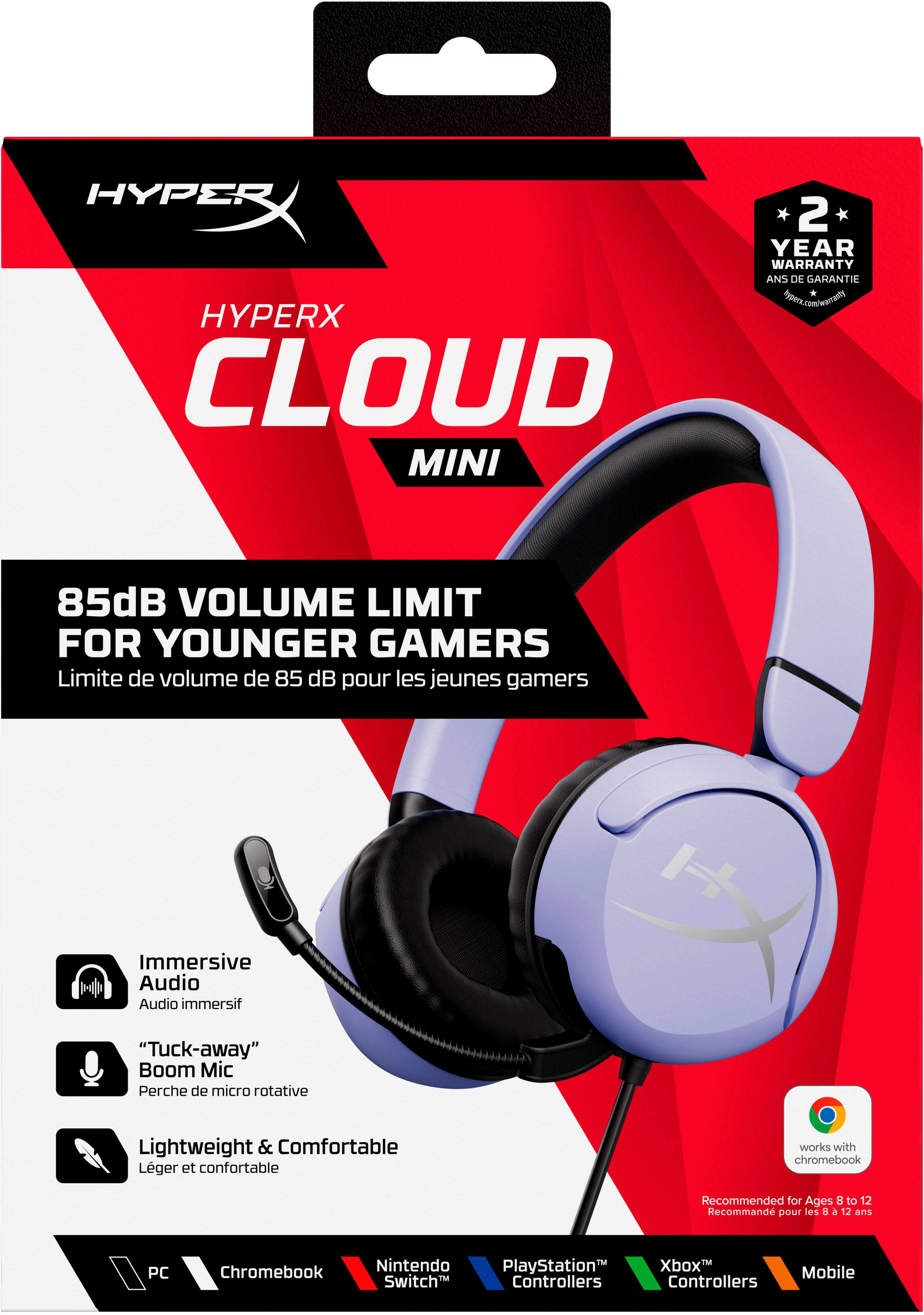 HYPERX CLOUD MINI 2 YEAR WARRANTY AND DE GARANTIE 85dB VOLUME LIMIT FOR YOUNGER GAMERS Immersive Audio "Tuck-away" Boom Mic Perche de micro rotative Lightweight & Comfortable Lger et confortable works with chromebook Recommended for Ages 8 to 12 and PC Chromebook Nintendo Switch PlayStation Controllers Xbox Controllers Mobile