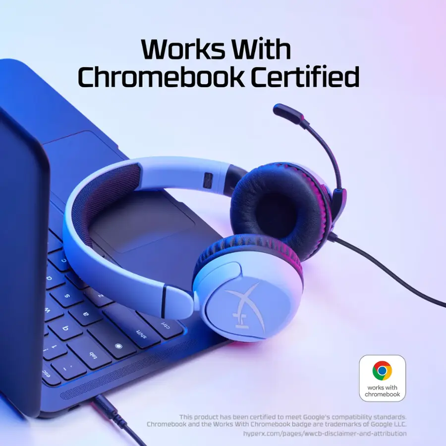 Works With Chromebook Certified. This product has been certified to meet Google's compatibility standards. Chromebook and the Works With Chromebook badge are trademarks of Google LLC. hyperx.com/pages/wwcb-disclaimer-and-attribution.