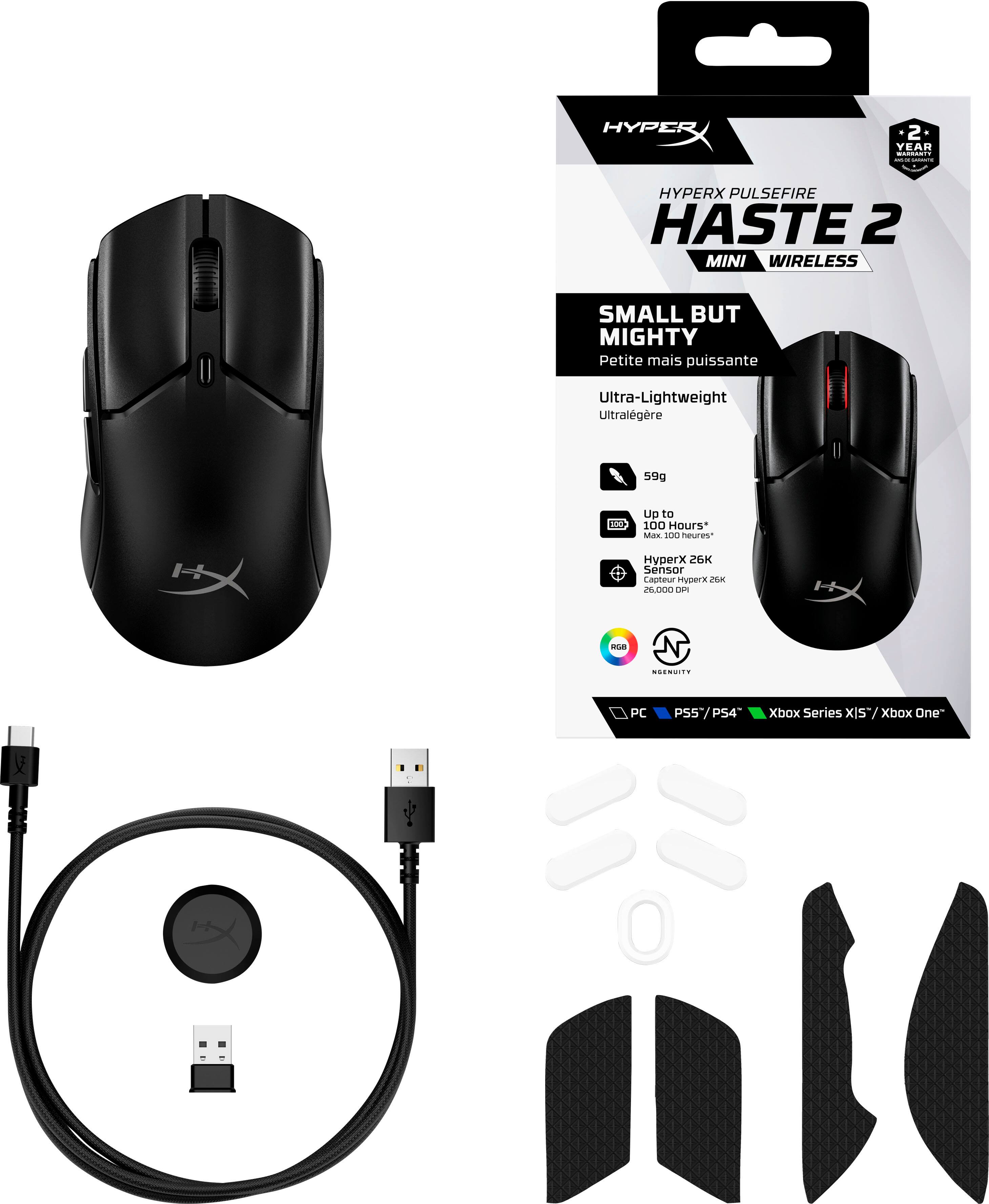 The image features a black HyperX Pulsefire Haste 2 Core Wireless mouse and a box. The mouse is designed for long-lasting battery life and has a 2.4GHz wireless connection. It is compatible with PC, PS5, PS4, Xbox Series X/S, and Xbox One. The box contains the mouse and a USB cable for charging.