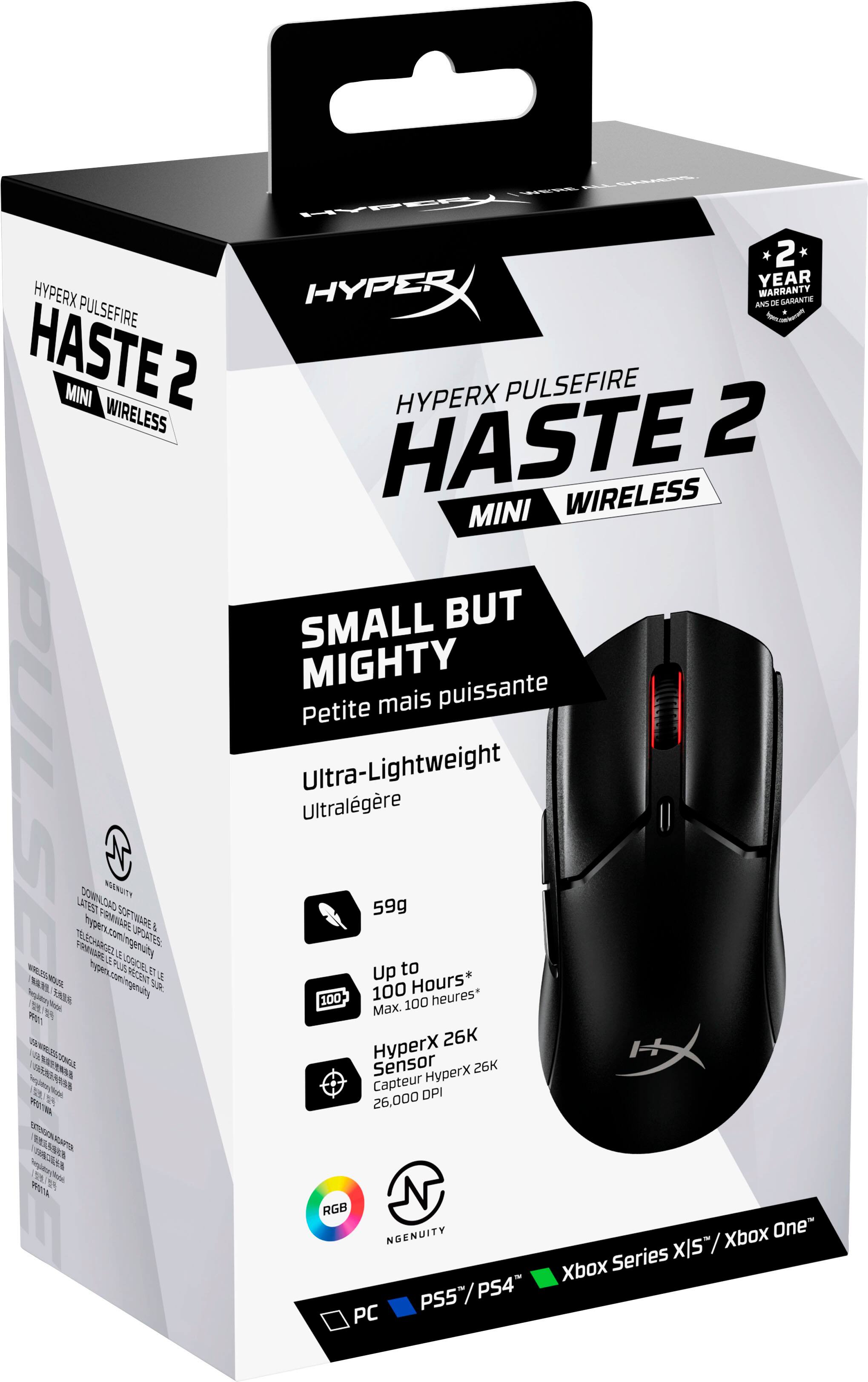 The image features a black computer mouse with a red accent, which is part of the HyperX Haste 2 Core Wireless series. The mouse is designed to provide a long-lasting battery life, making it a convenient choice for users. The packaging for the mouse is shown, indicating that it is a new product. The mouse is compatible with both PC and gaming consoles, such as the PlayStation 4.