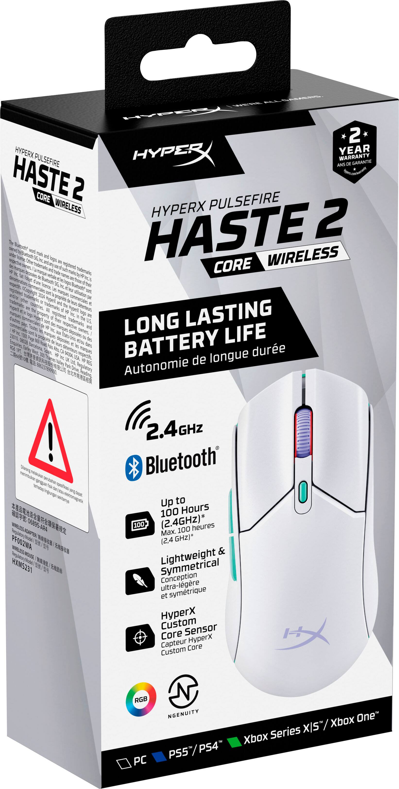 The image features a white mouse with a black box that says "Haste 2" on it. The box also contains a mouse pad and a mouse. The mouse is designed for long-lasting battery life and has a symmetrical lightweight design. The box also includes a custom sensor core and a Bluetooth connection. The mouse is compatible with various gaming consoles such as PS5, PS4, Xbox One, and Xbox Series X.