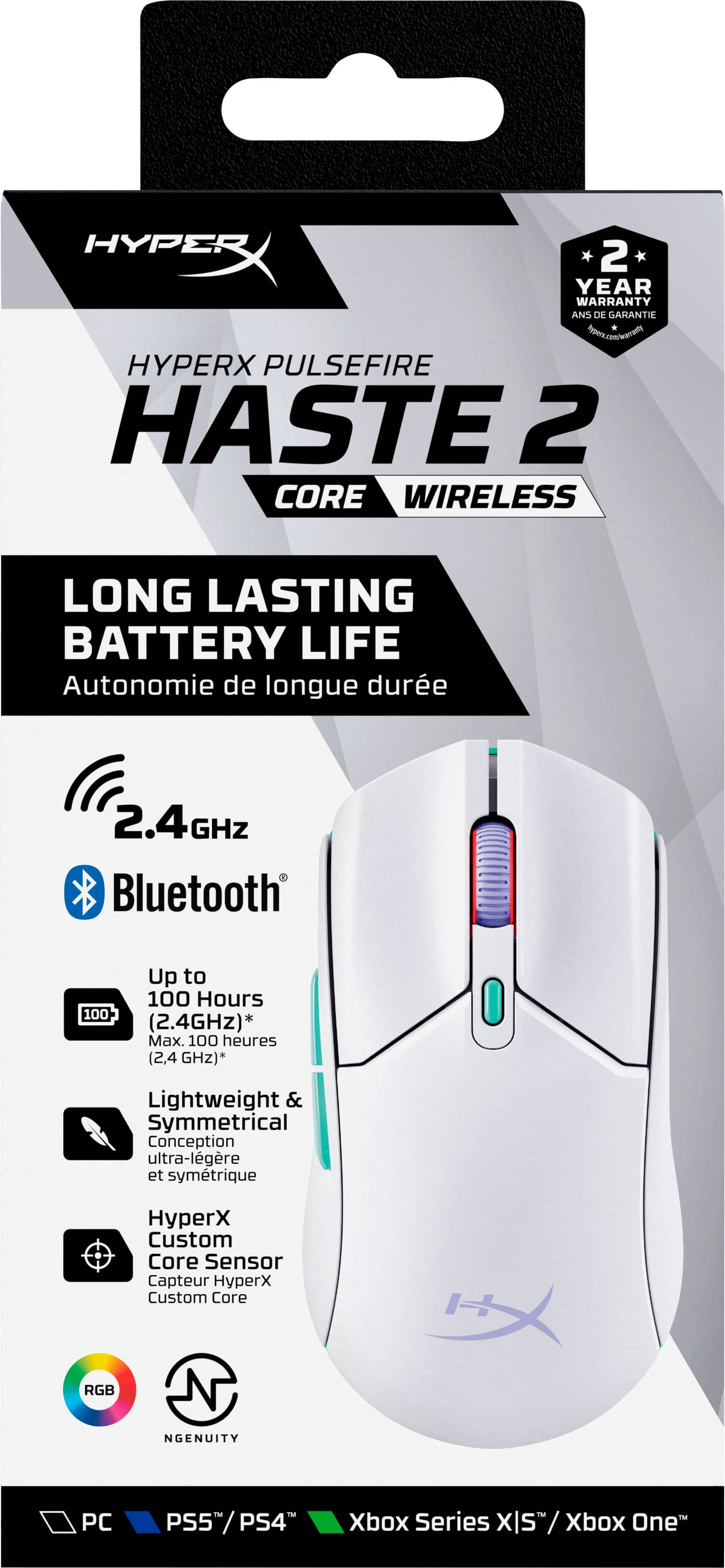 The HyperX Pulsefire Haste 2 Core Wireless mouse is designed for long-lasting battery life and features a 2.4GHz Bluetooth connection. It has a lightweight and symmetrical design, making it comfortable to use for extended periods. The mouse is compatible with PC, PS4, and Xbox Series X/S.