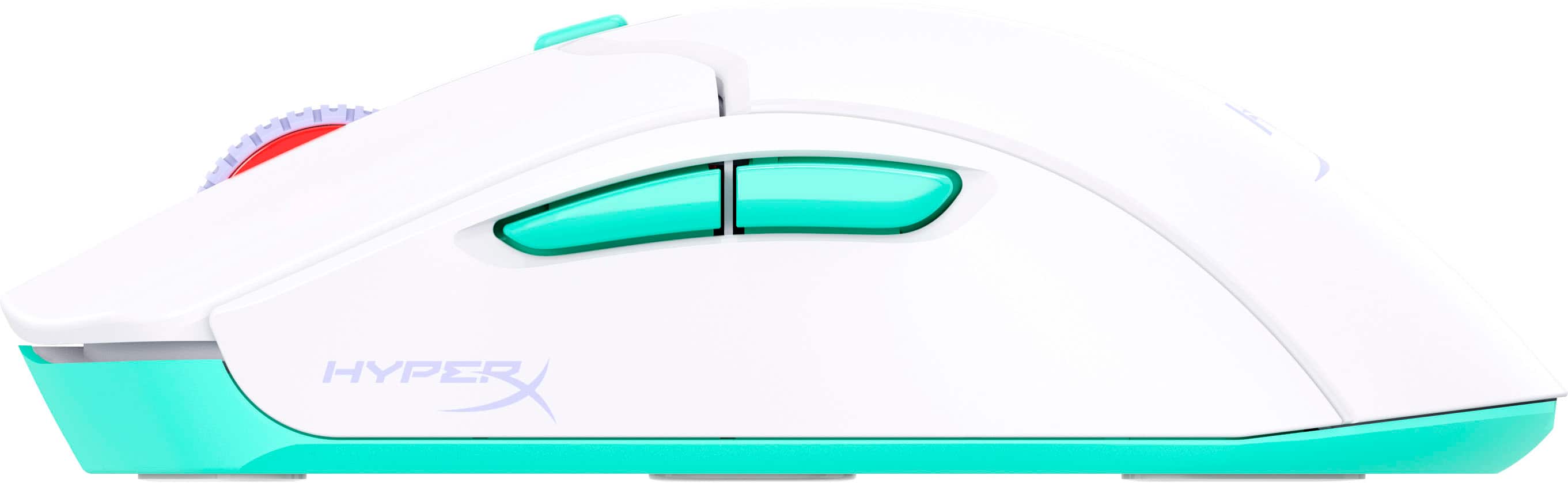 The image features a white and blue HyperX mouse. The mouse has a blue and green accent, making it stand out. It is a wireless mouse, which is placed on a white background.