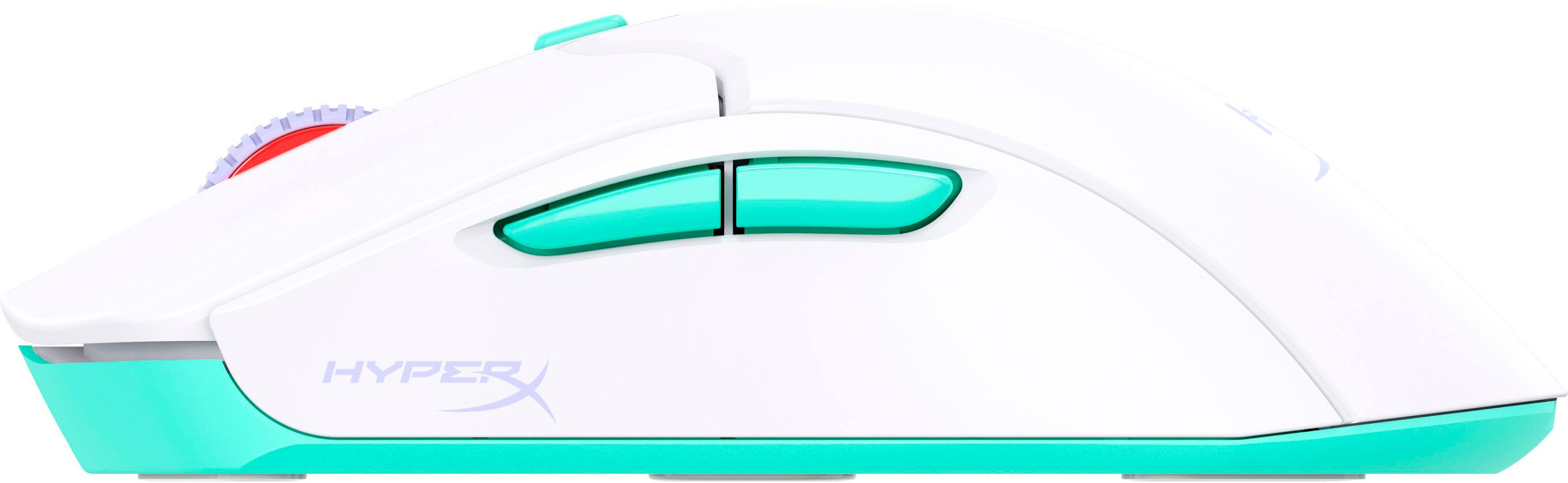 The image features a white and blue HyperX mouse. The mouse has a blue and green accent, making it stand out. It is a wireless mouse, which is placed on a white background.