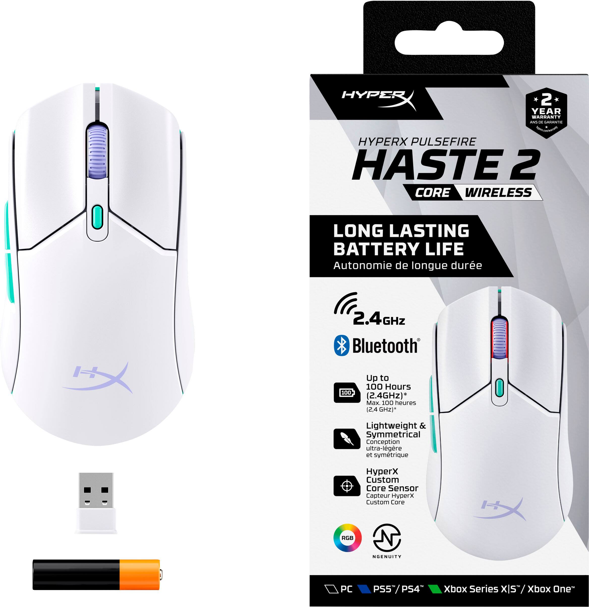 The image features a white computer mouse with a black box next to it. The box contains a HyperX Pulsefire Haste 2 Core Wireless mouse, which is designed for long-lasting battery life and a 2.4GHz wireless connection. The mouse is compatible with both PC and Xbox One gaming systems. The packaging also includes a USB cable for charging the mouse.