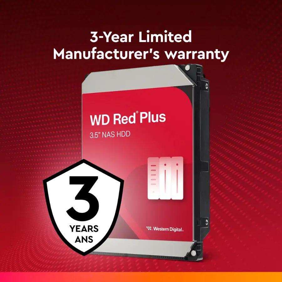 3-Year Limited Manufacturer's Warranty WD Red' Plus 3.5" NAS HDD 3 Years Limited Warranty by Western Digital.
