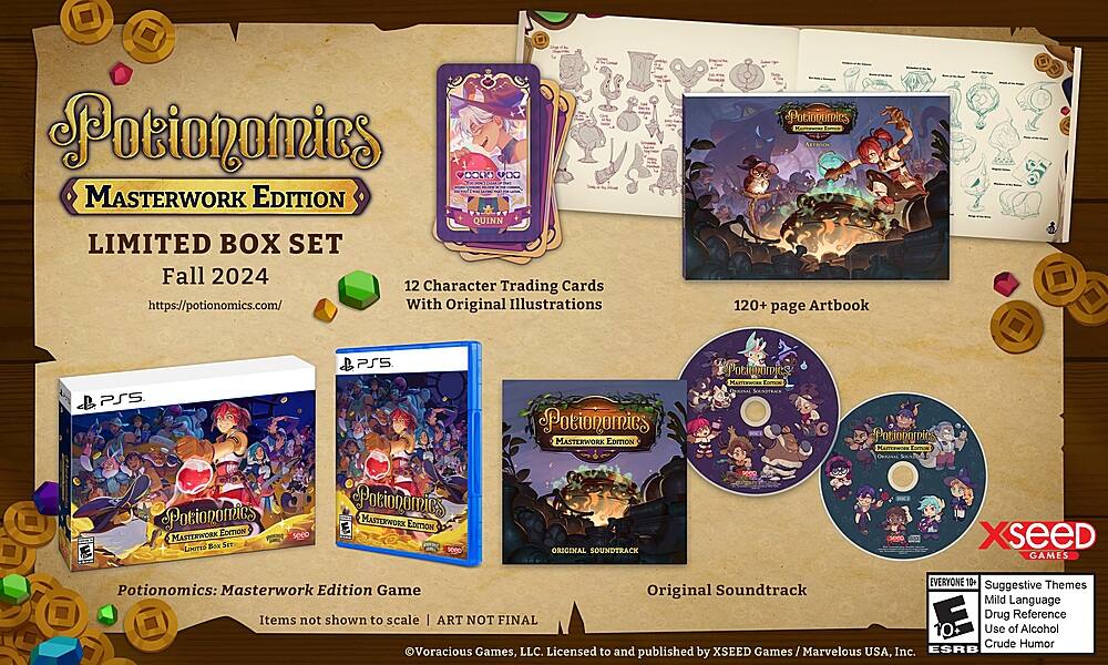 Potionomics Masterwork Edition Limited Box Set:
* Fall 2024 release
* 12 character trading cards
* Original illustrations
* 120+ page artbook
* Original soundtrack
* Mild language, drug reference, and crude humor
* Licensed to and published by XSEED Games
* Marvelous USA, Inc.
* ESRB rating