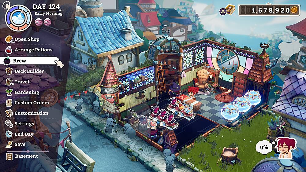 The image shows a game screen with a town setting, where a group of people are gathered. The game is set in a fantasy world with a variety of characters and objects. The game is currently at Day 124, and the player is in the early morning. The game has a shop where players can arrange potions, and there is a deck builder feature. The game also includes a gardening aspect, allowing players to customize their orders and settings. The player can save their progress at the end of the day.