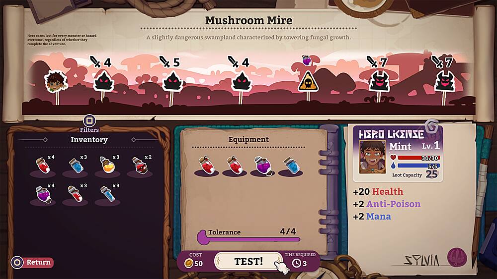 Mushroom Mire: Hero earns loot for every monster or hazard overcome, regardless of whether they complete the adventure. A slightly dangerous swampland characterized by towering fungal growth. 4 5 4 7 7 x4 x4 Filters Inventory x3 x3 x3 x3 x2 Equipment HIZP.O LiENNSE Mint Lv. 1 30/30 5/5 Loot Capacity 25 +20 Health +2 Anti-Poison +2 Mana Tolerance 4/4 Return COST 50 TEST! TIME REQUIRED 3 SPLVIA