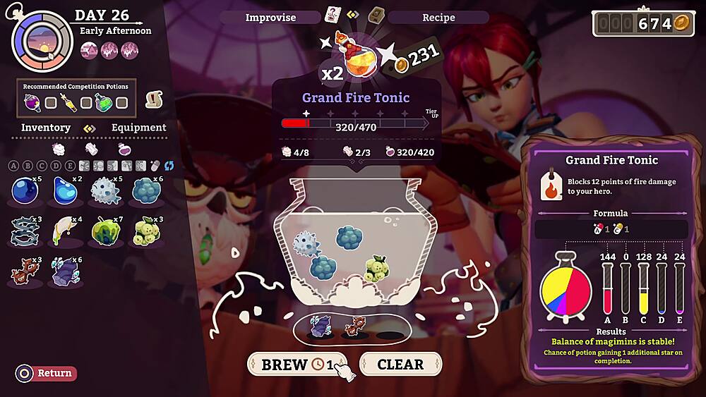 The image shows a video game screen with a character and a potion. The game is set in a fantasy world, and the character is preparing to brew a potion. The potion is displayed in a bowl, and the character is standing next to it. The game also features a recipe, a list of ingredients, and a list of equipment. The character is equipped with a sword, and there are several bottles scattered around the scene. The game appears to be a role-playing game with a focus on potion-making and character development.