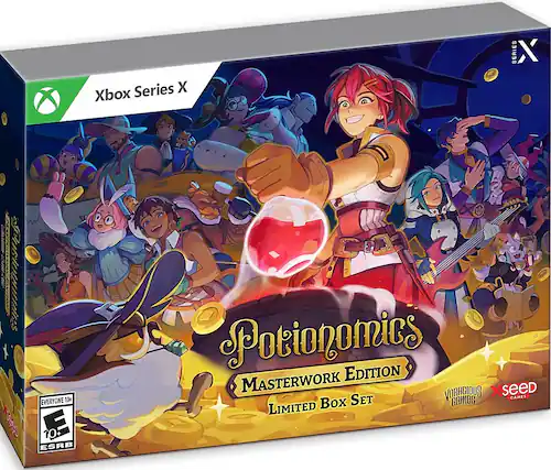 The image features a boxed game for the Xbox Series X called Potionomics. The game is rated E for Everyone and has a rating of 10+. The box includes a Masterwork Edition and a Limited Box Set. The game is a card game that involves potions and money. - E10+ (Everyone 10+)
