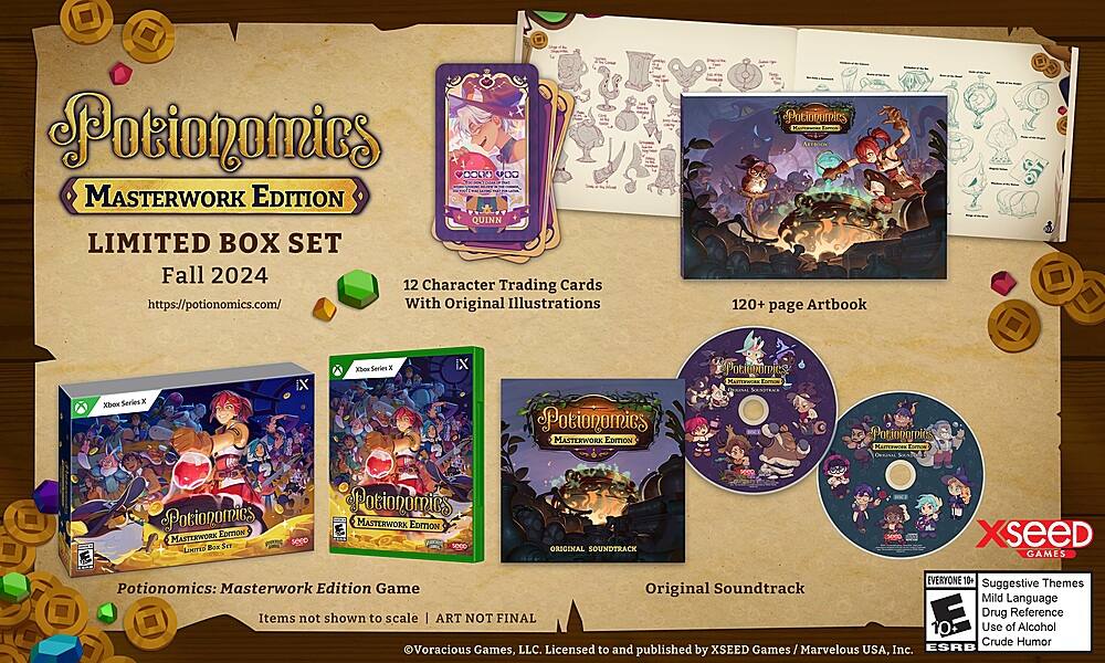 Limited Box Set Fall 2024 - Potionomics: Masterwork Edition - 12 Character Trading Cards - Original Illustrations - 120+ Page Artbook - Series X Box - Xbox Series X - Potionomics: Masterwork Edition - Original Soundtrack - Mild Language - Drug Reference - Use of Alcohol - Crude Humor - Voracious Games, LLC - Licensed to and published by XSEED Games - Marvelous USA, Inc. - ESRB