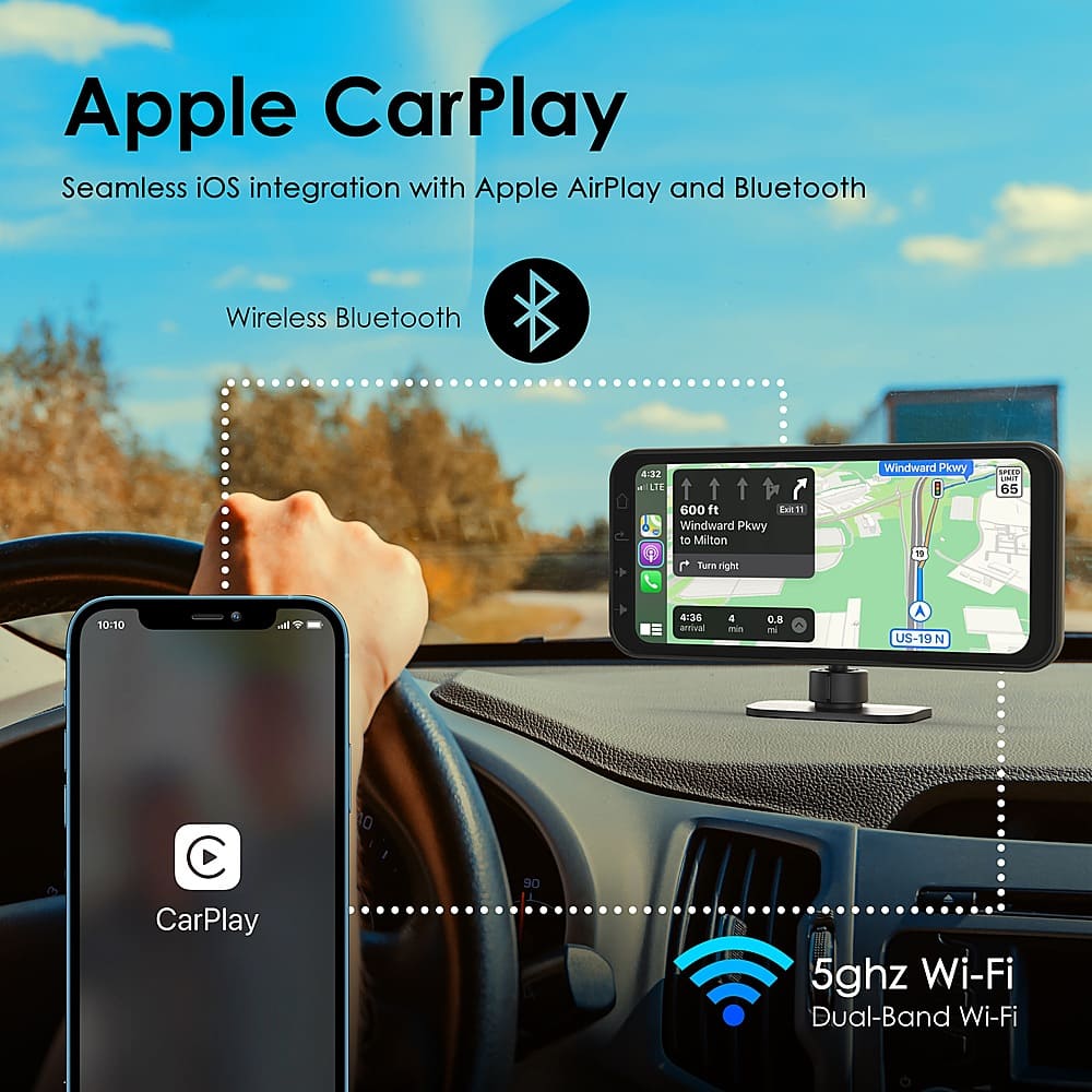 Apple CarPlay: Seamless iOS integration with Apple AirPlay and Bluetooth. Wireless Bluetooth 4.2 LTE 600 ft Eot51 Windward Pkwy to Milton Tura right Windward Pkwy! 19 SPIE 65 10:90 o 4:36 ativa 4 min 0.B - A US-19 N CarPlay D0 5ghz Wi-Fi Dual-Band Wi-Fi.