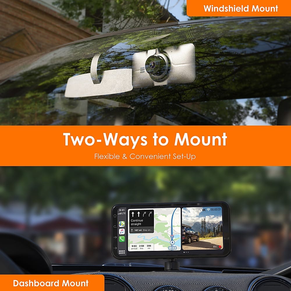 The text on the image is grouped and corrected as follows:
"Two-Ways to Mount: Flexible & Convenient Set-Up. Windshield Mount. Dashboard Mount. 0:41 HELTE 4K 00:00:21 Continue straight 1 507 ml Sa - 9:03 2:58 arrival i 20 m. LESS REC."