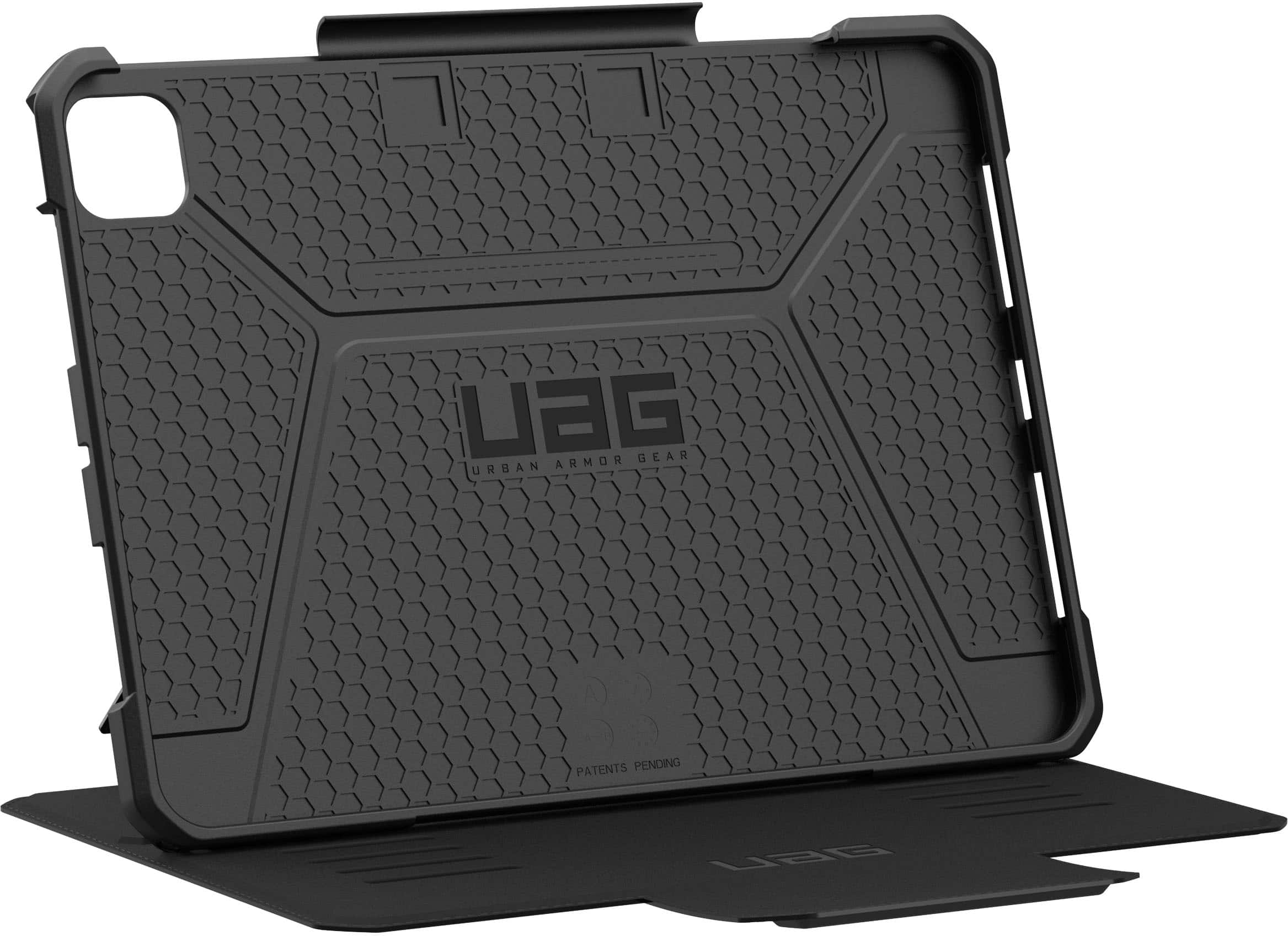 The image features a black UAG case for an iPad, which is designed to protect the device from drops and impacts. The case is made of durable materials and has a sleek, modern appearance. The case is shown in a close-up view, highlighting its features and design. The UAG case is a popular choice for iPad users who want to keep their device safe and secure while on the go.