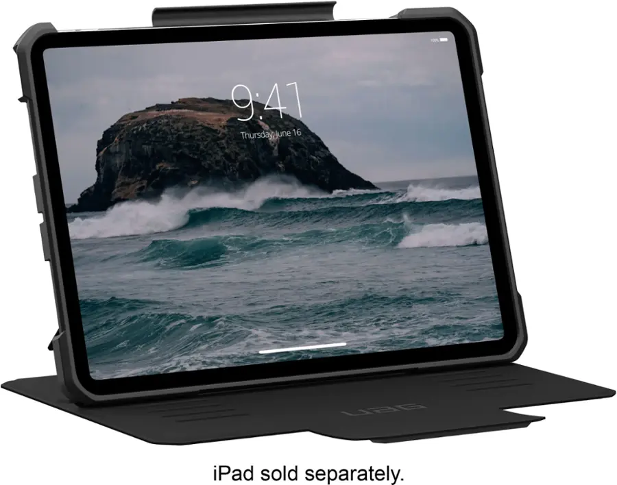 The image shows a black laptop computer with a picture of a mountain on the screen. The time displayed on the screen is 9:41. The laptop is placed on a stand, which is designed to elevate the device for better viewing and ergonomics.