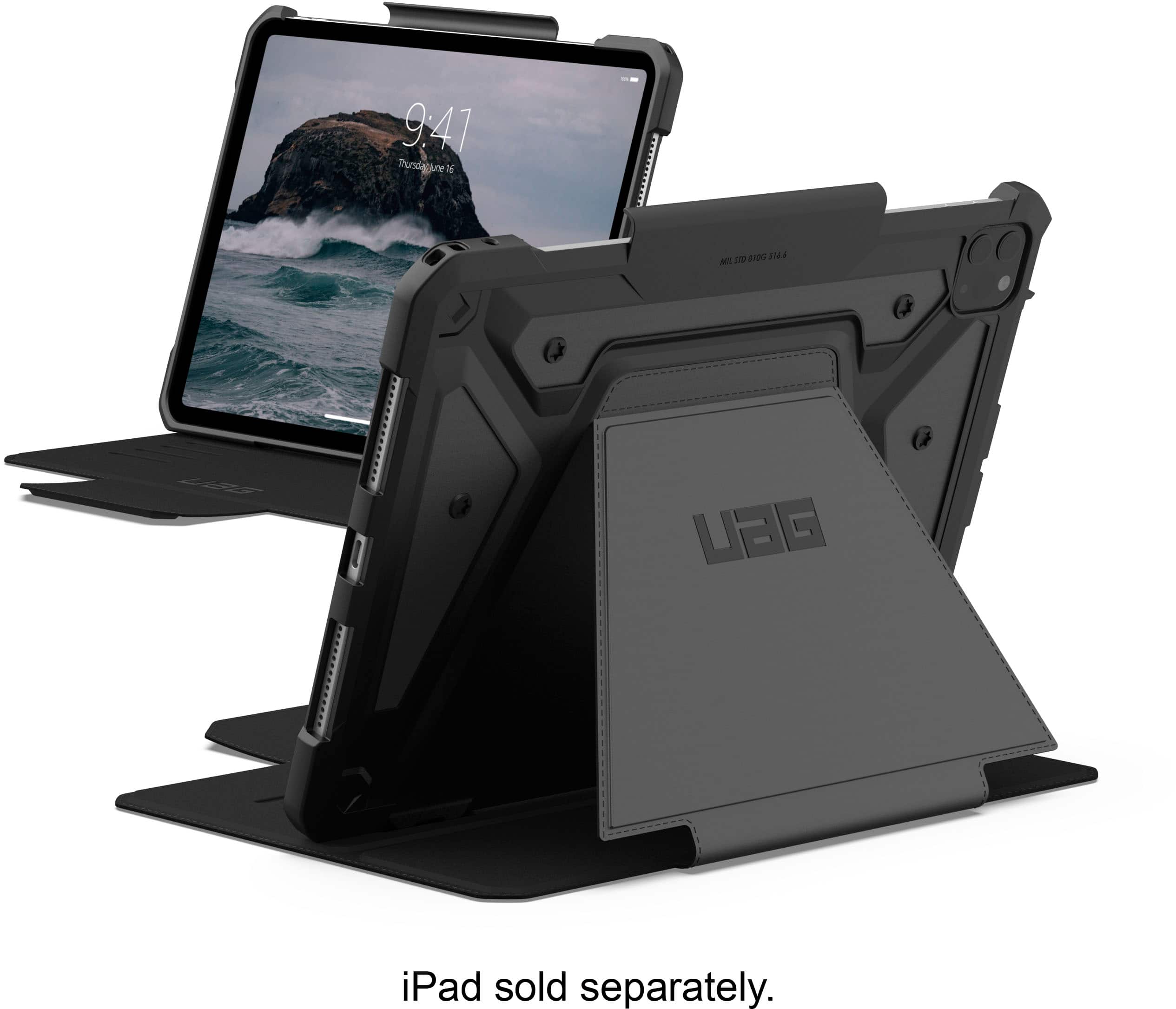 The image shows a black UBG tablet stand holding a tablet computer. The stand is designed to hold the tablet at an angle, making it easier to view the screen. The tablet is positioned on the stand, and the time displayed on the screen is 9:41.