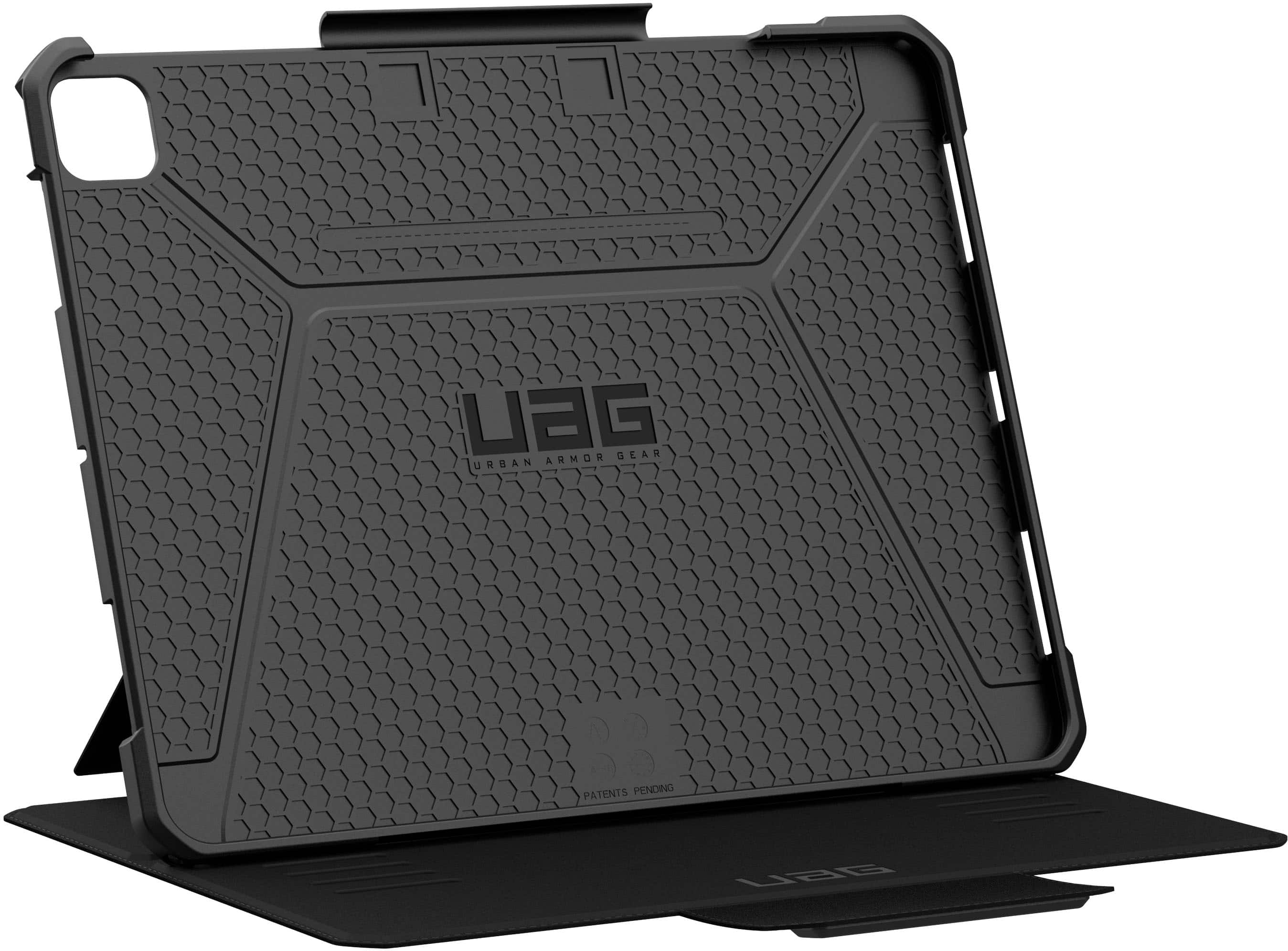 The image features a black case for a tablet, which is designed by UAG. The case is made of hard plastic and has a textured surface, providing protection for the tablet. The case is displayed in a white background, highlighting its sleek design.