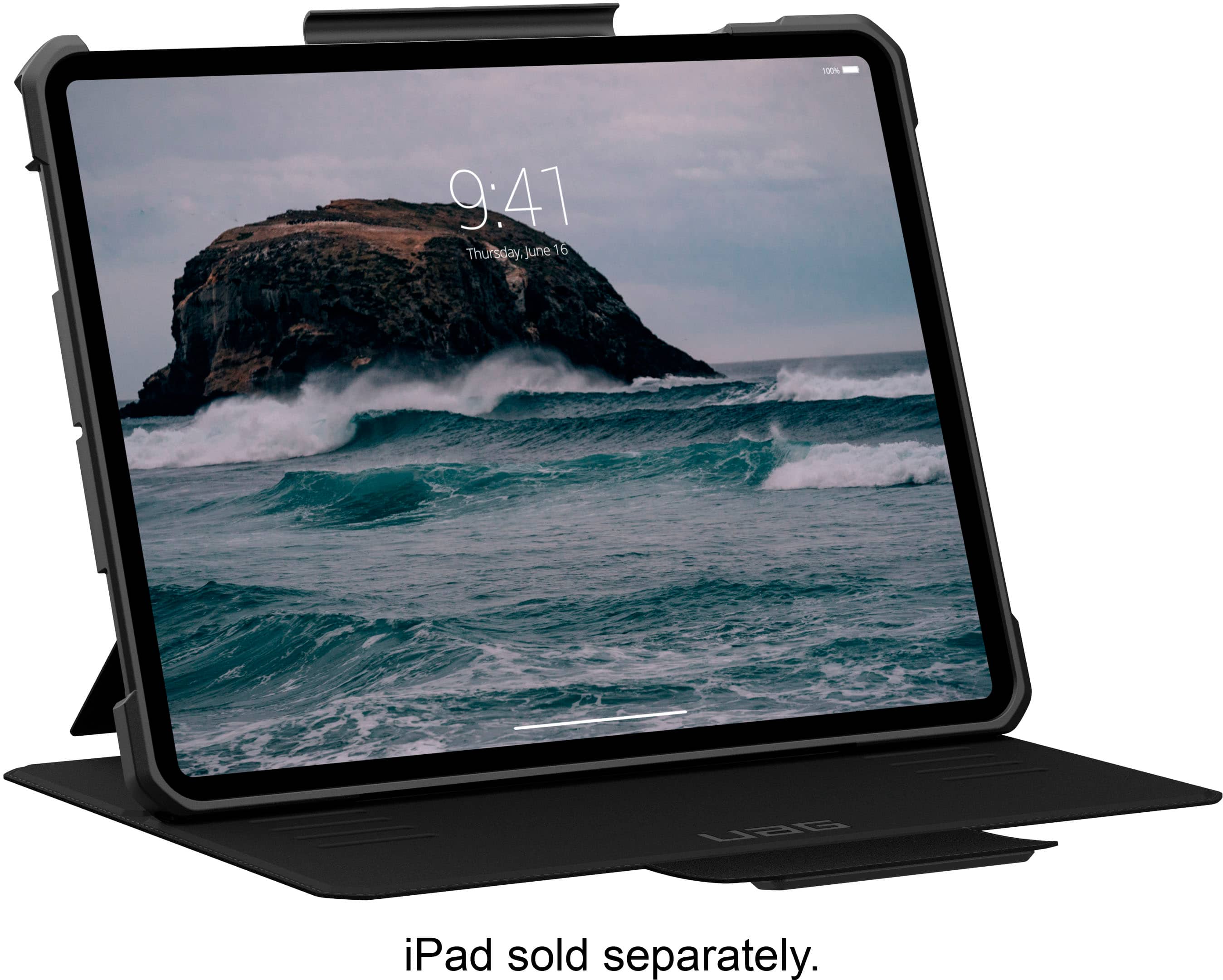The image features a black laptop with a large screen displaying a picture of a mountain and the time 9:41. The laptop is placed on a stand, which is likely designed to elevate the device for better viewing and ergonomics.