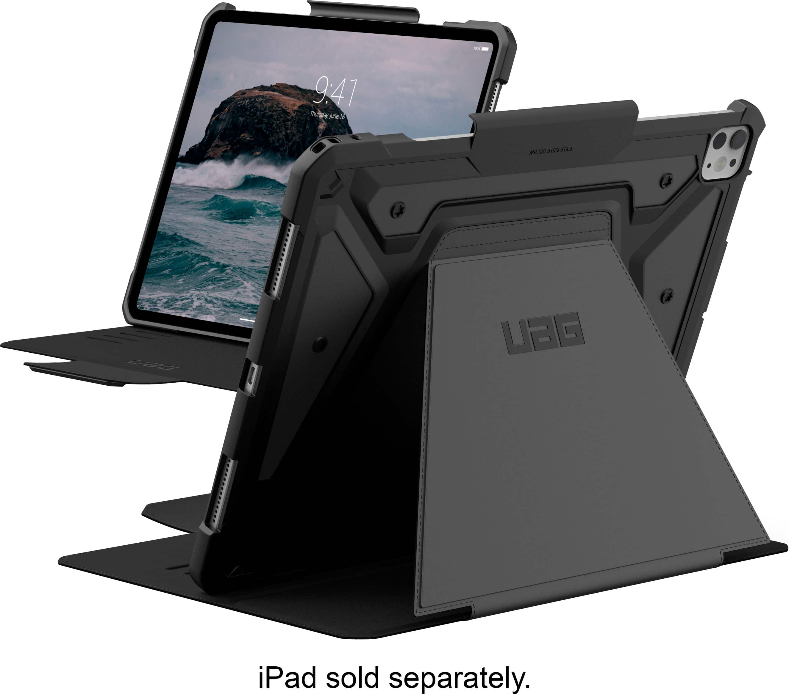 The image features a laptop with a black case and a screen displaying the time of 9:41. The laptop is propped up on a stand, making it easier to view the screen. The stand is designed to hold the laptop securely and provide better ergonomics for the user. The laptop is also equipped with a keyboard, which is not visible in the image. The overall scene suggests that the laptop is being used for work or personal tasks, and the stand helps to maintain a comfortable viewing angle and posture.