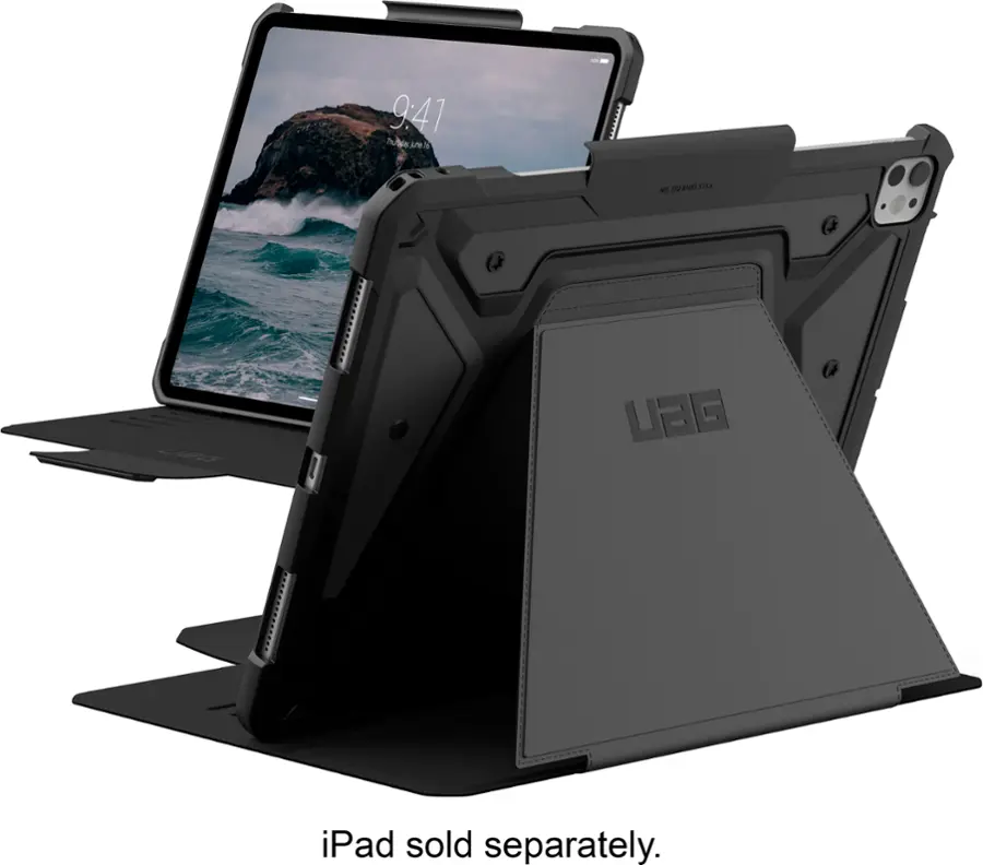 The image features a laptop with a black case and a screen displaying the time of 9:41. The laptop is propped up on a stand, making it easier to view the screen. The stand is designed to hold the laptop securely and provide better ergonomics for the user. The laptop is also equipped with a keyboard, which is not visible in the image. The overall scene suggests that the laptop is being used for work or personal tasks, and the stand helps to maintain a comfortable viewing angle and posture.